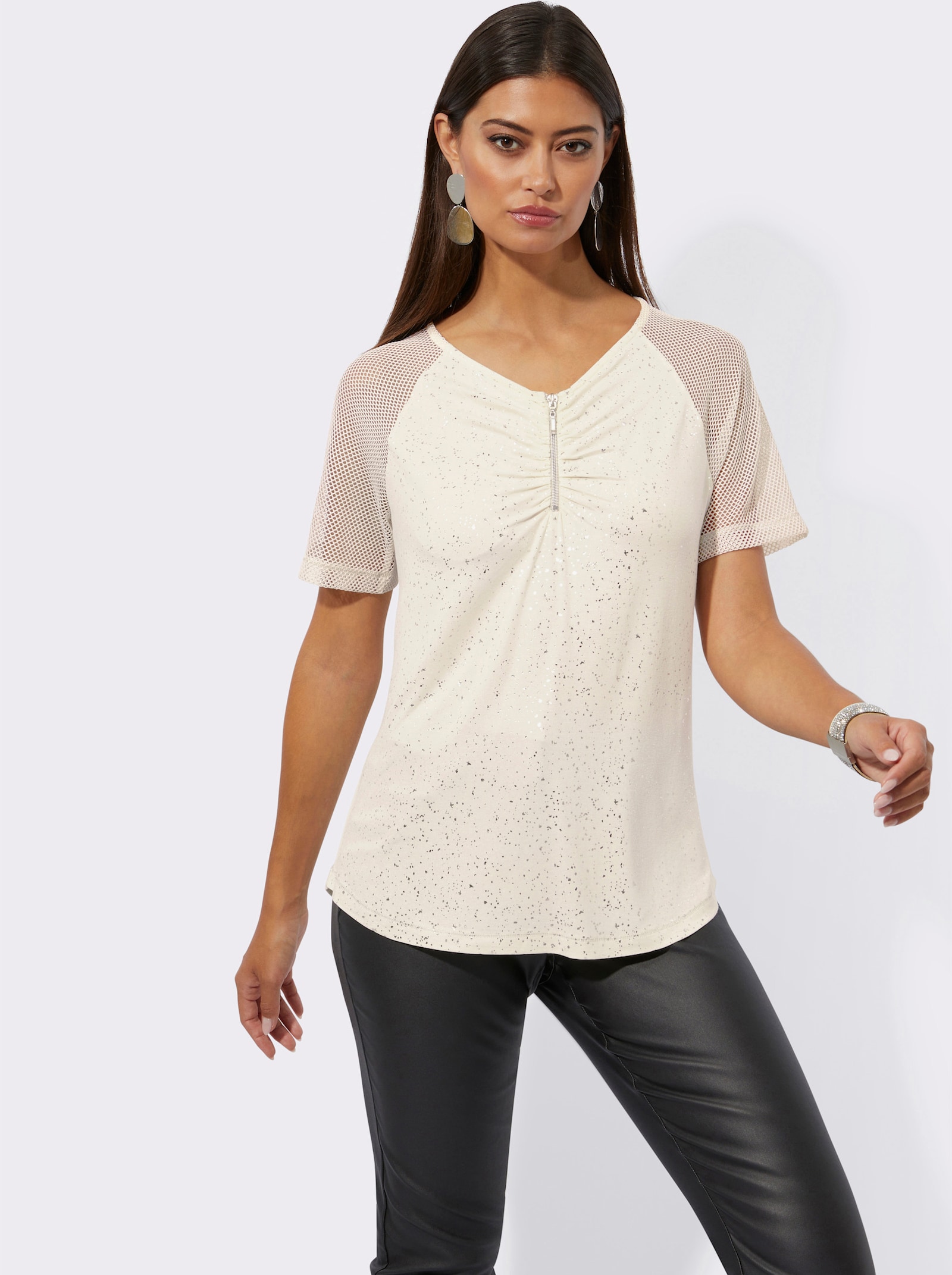 Shirt met korte mouwen en glanzende folieprint - champagne/zilverkleur bedrukt