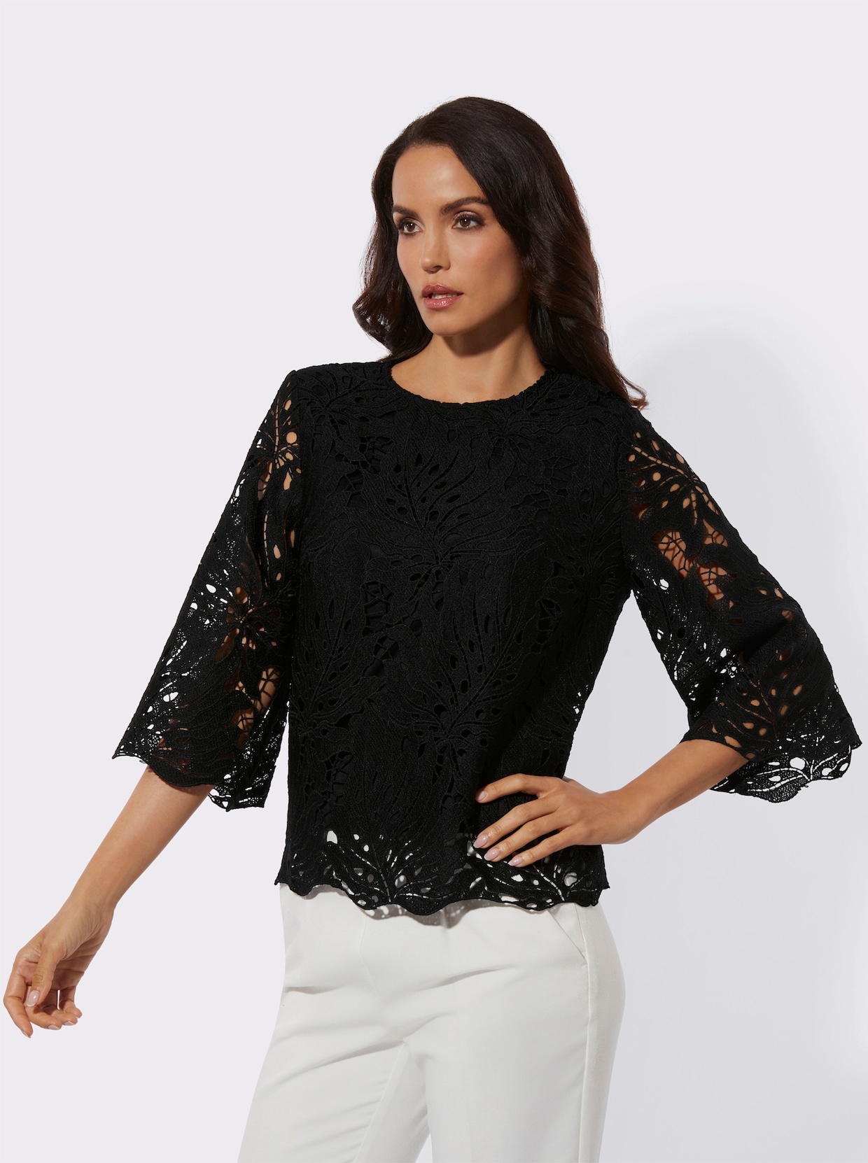 Spitzenbluse mit leicht ausgestellten Ärmeln - schwarz