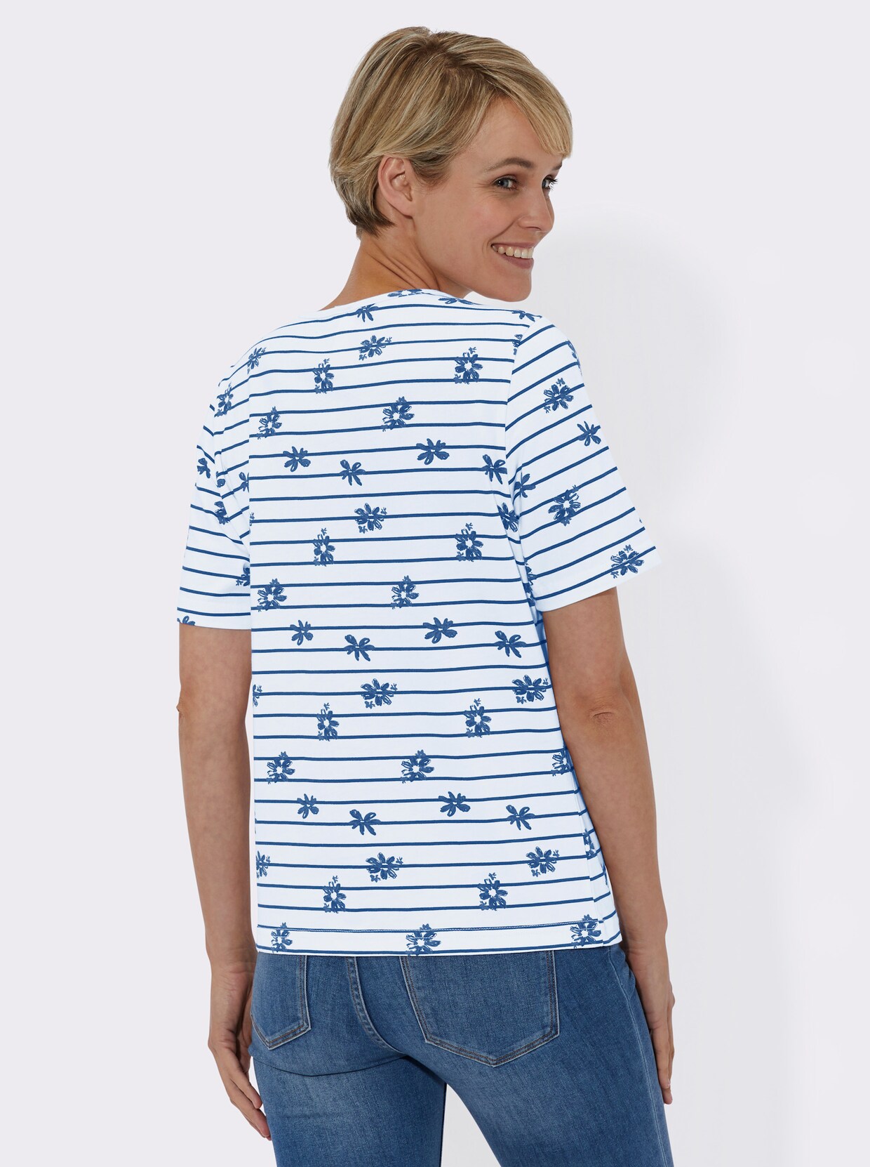 Kurzarmshirt - weiß-royalblau-bedruckt + himmelblau