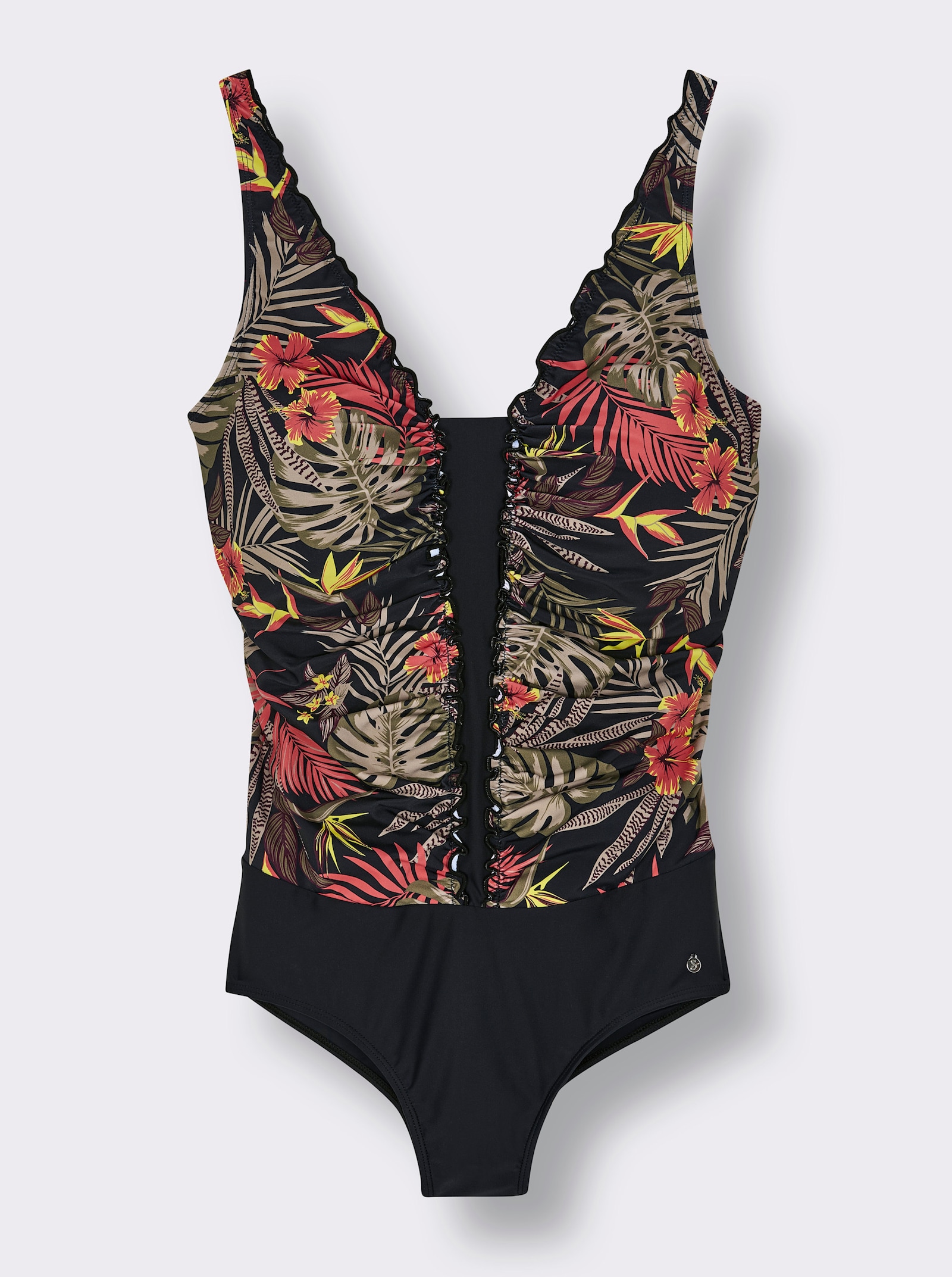 sheego Badeanzug mit tropischem Print - schwarz-burgund-bedruckt