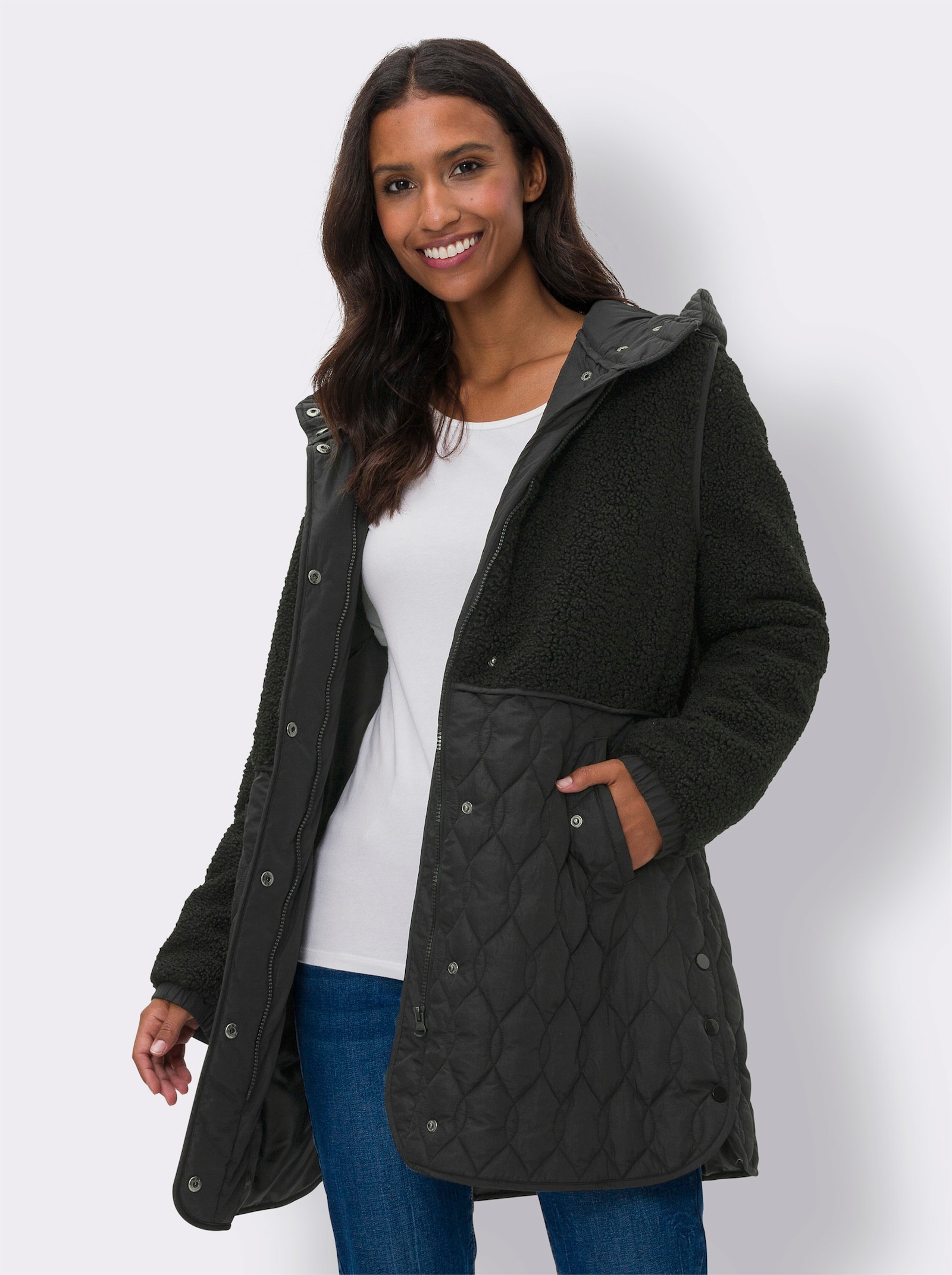 heine Longjacke Materialmix aus Teddy und Stepp - schwarz