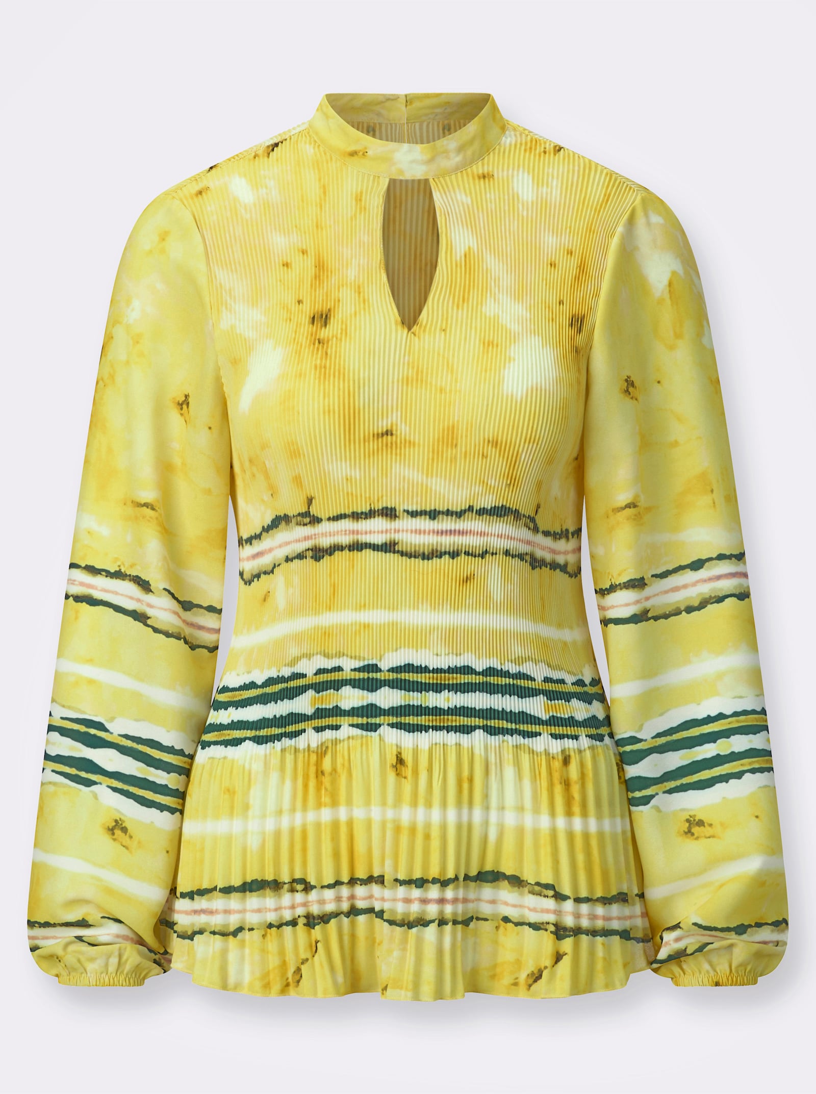 Plissee-Bluse mit Knopfverschluss hinten - limone-ecru-bedruckt