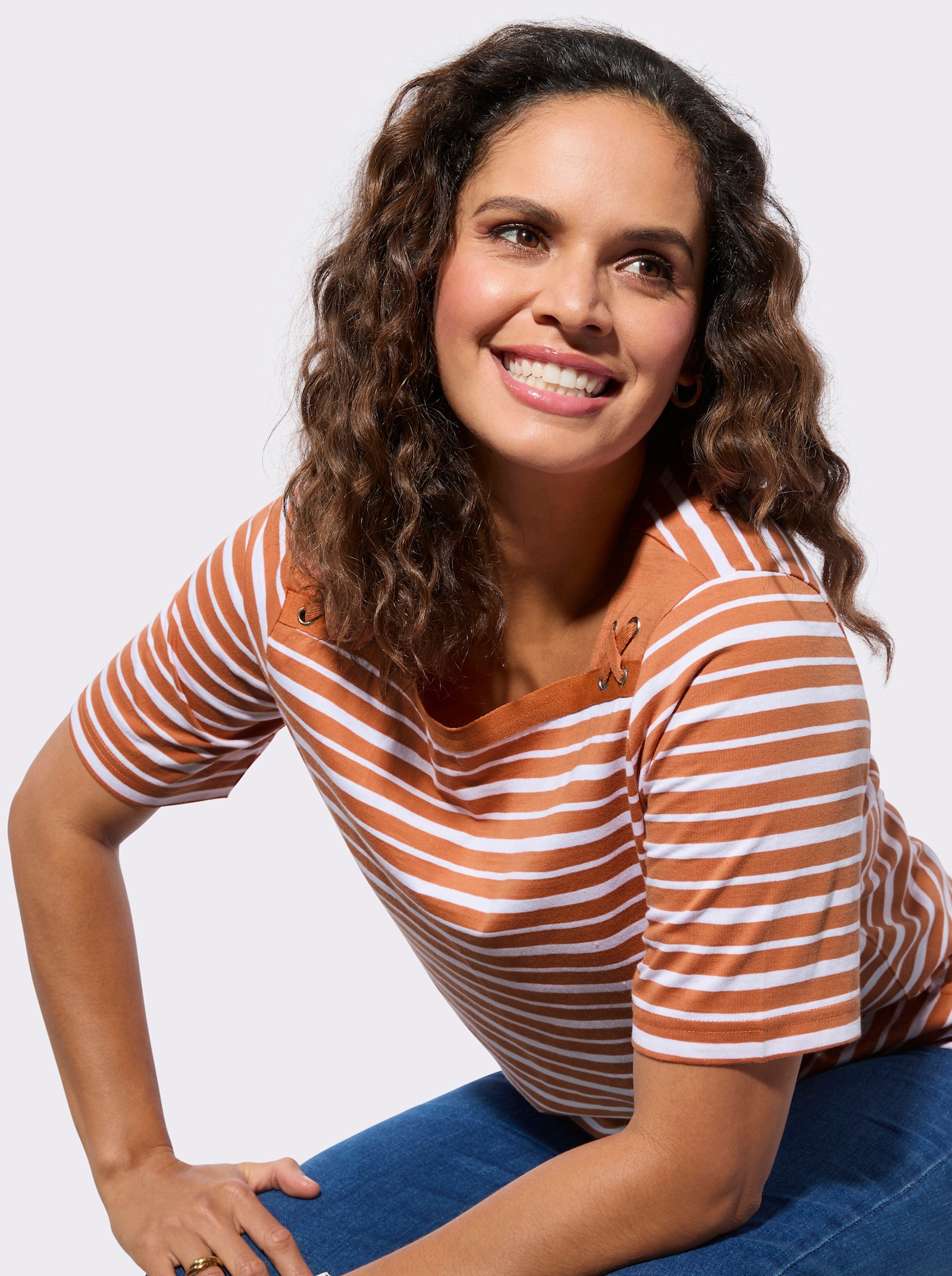 Shirt-Set mit dekorativem Ausschnitt - papaya + papaya-weiss-geringelt