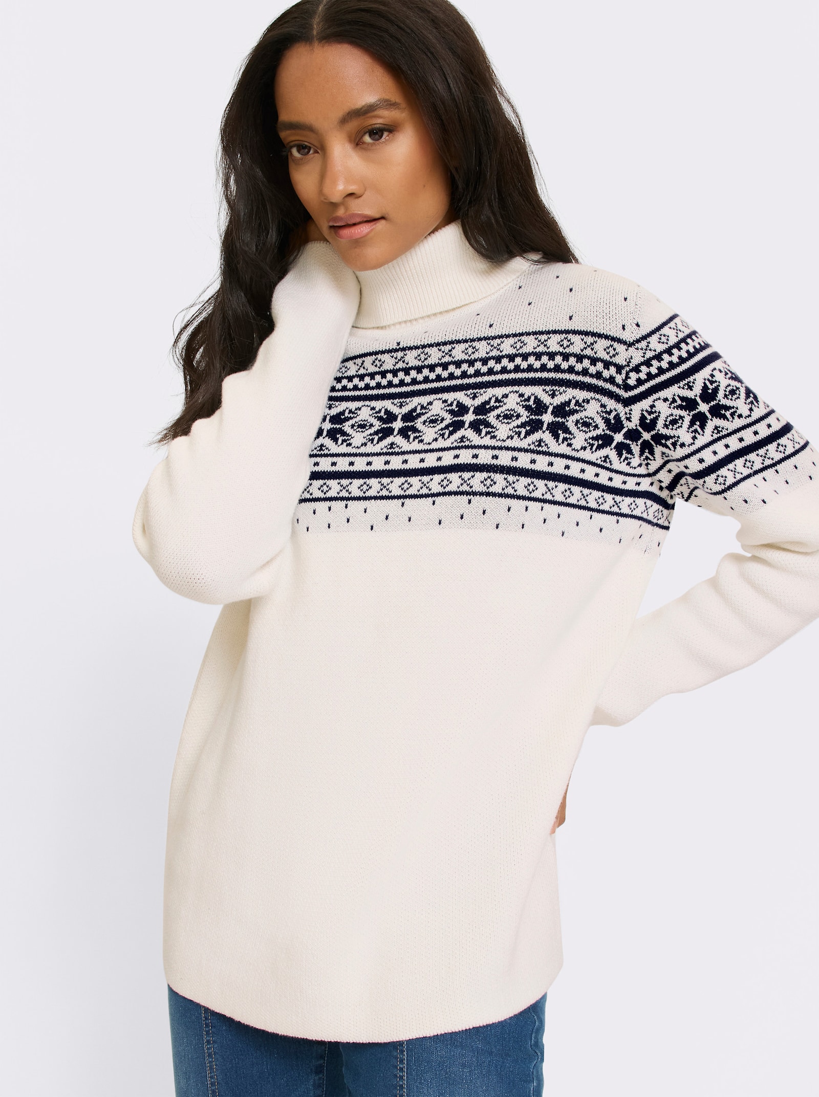 heine Jacquard-Pullover mit Norweger-Muster - ecru-marine-gemustert