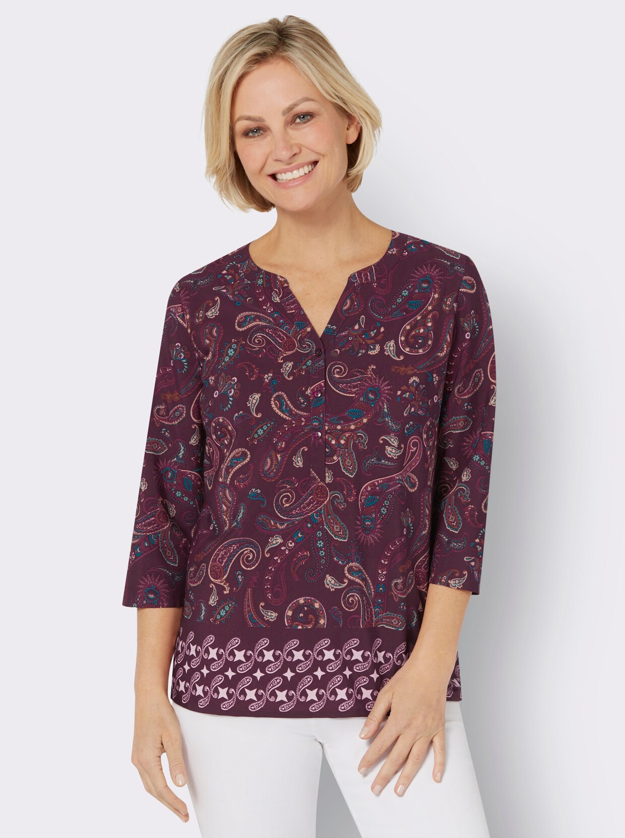 Comfortabele blouse - bordeaux/hortensia bedrukt