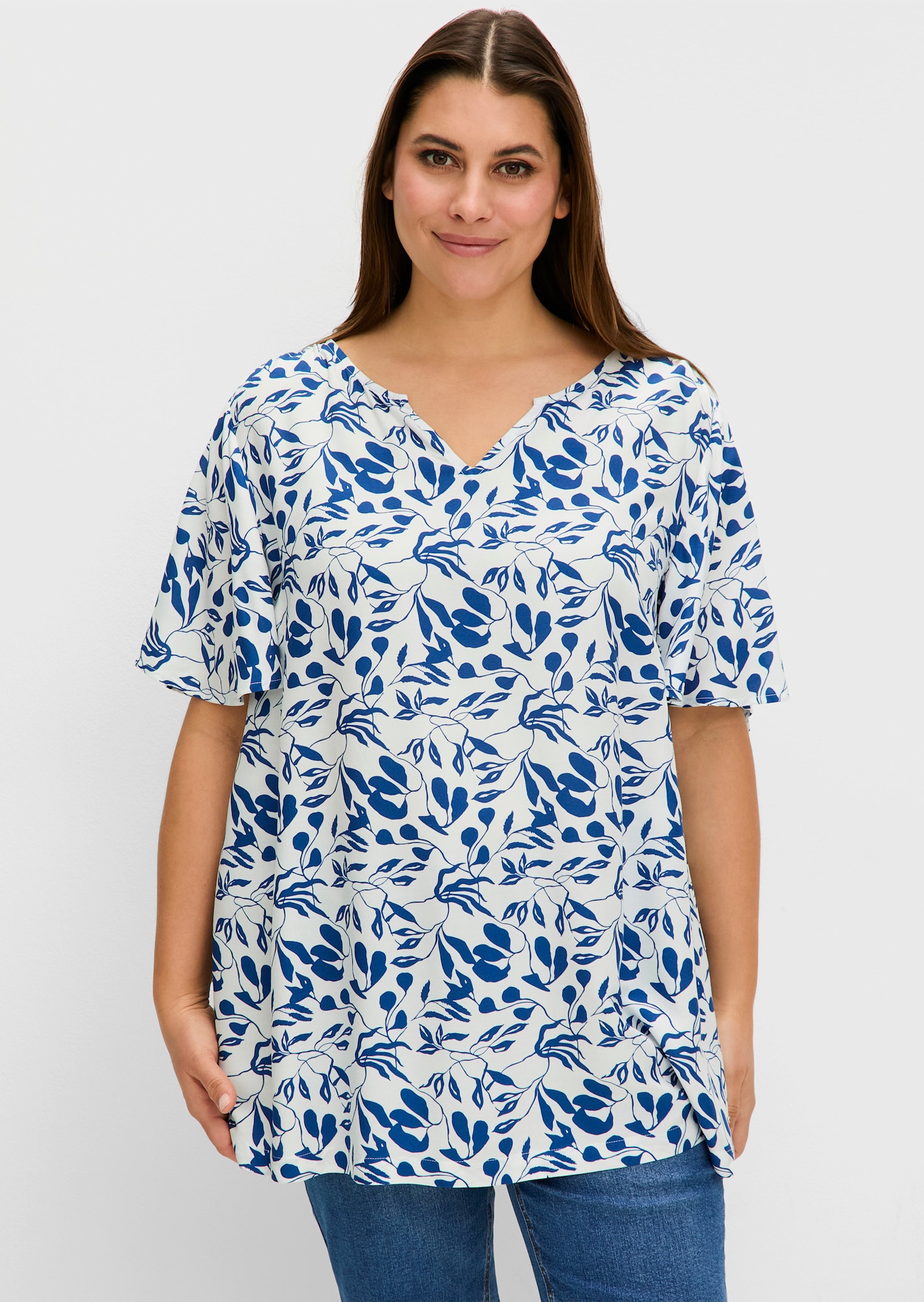 sheego Tunika in A-Linie, mit Flügelärmeln und Blätterprint - ecru-gemustert