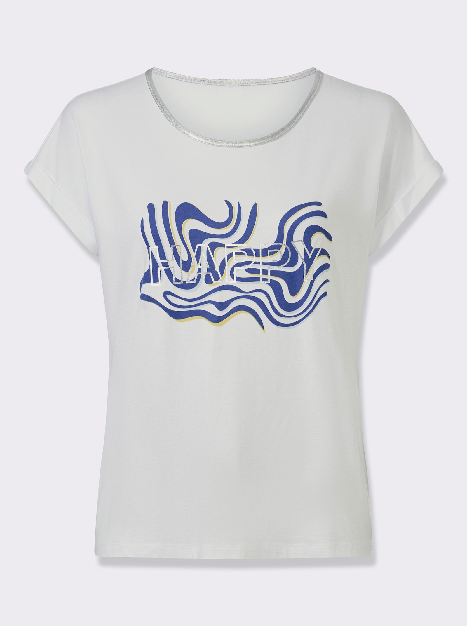 Kurzarmshirt mit fixiertem Ärmel-Aufschlag - weiß-royalblau-bedruckt