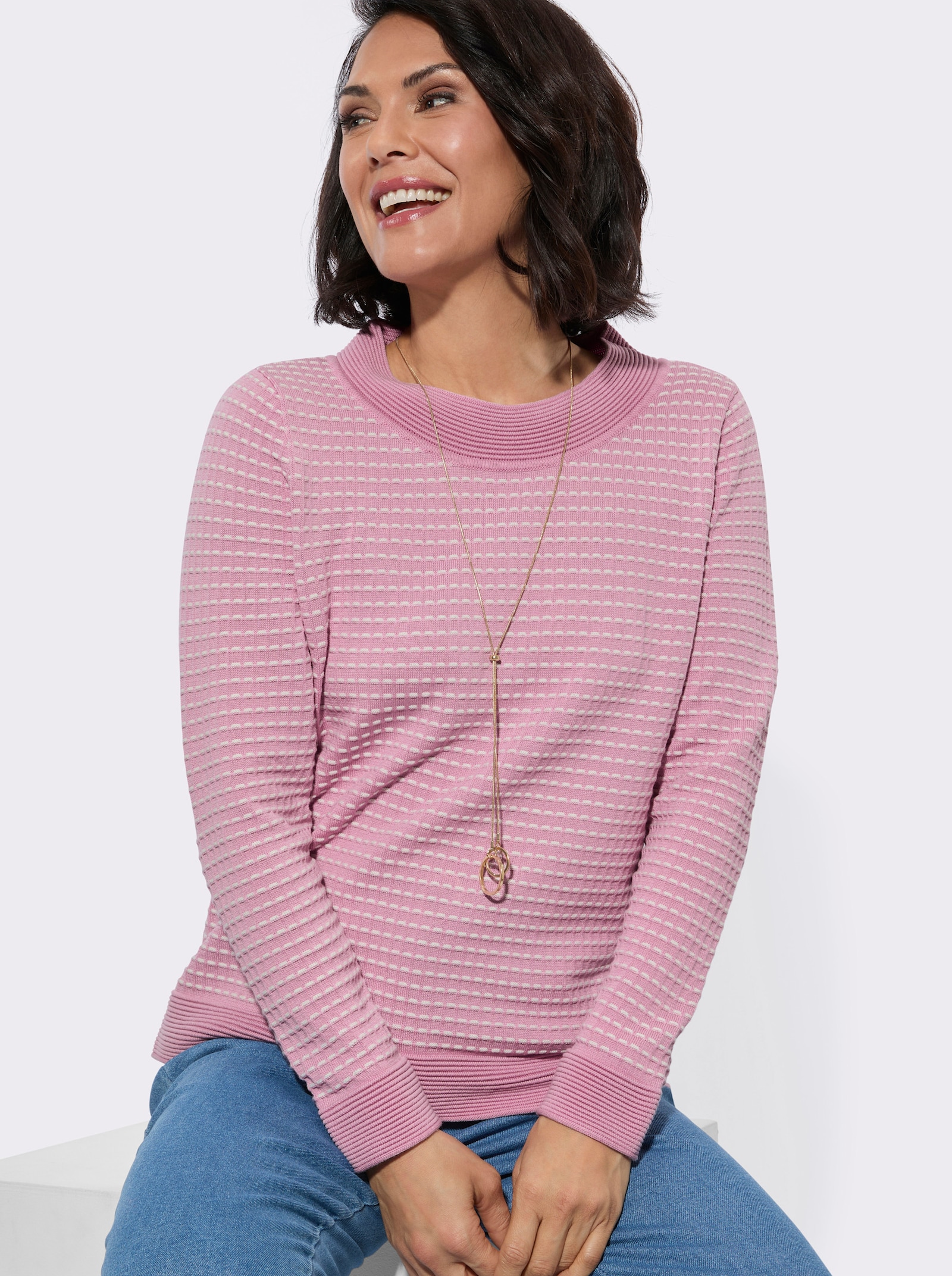 Rundhalspullover in pflegeleichter Qualität - rosé-ecru-gemustert