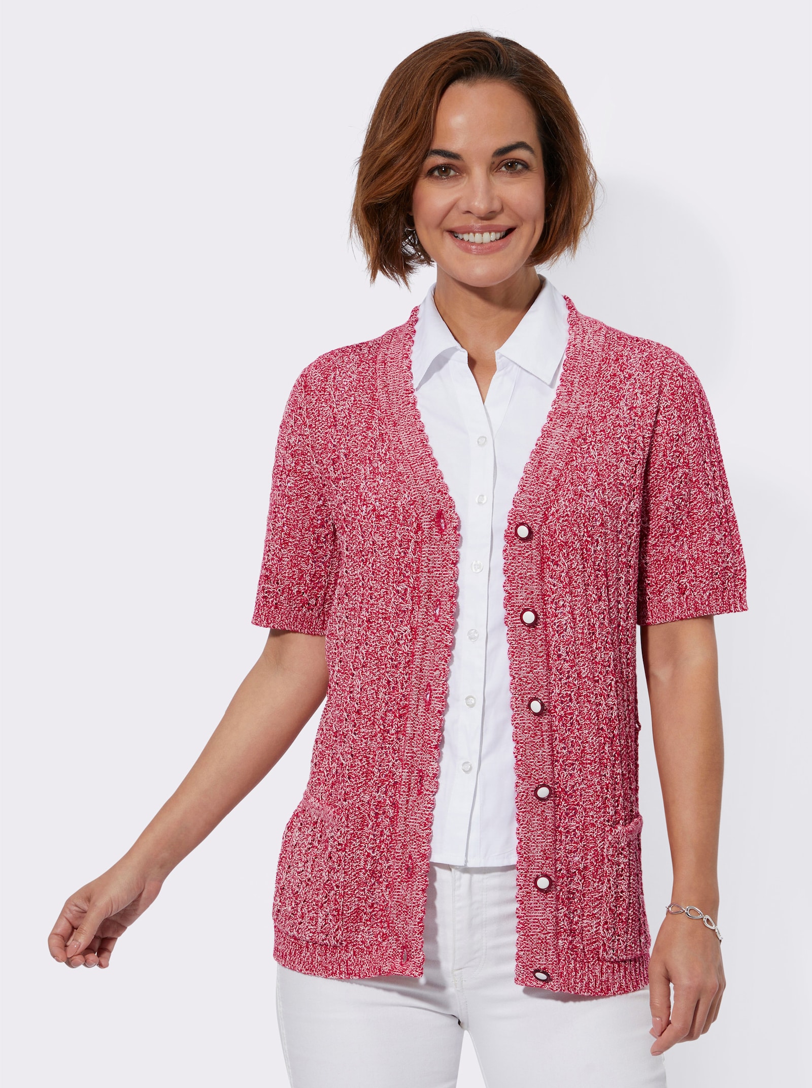 Ajourstrickjacke mit Taschen, aufgesetzt - rot-ecru-meliert