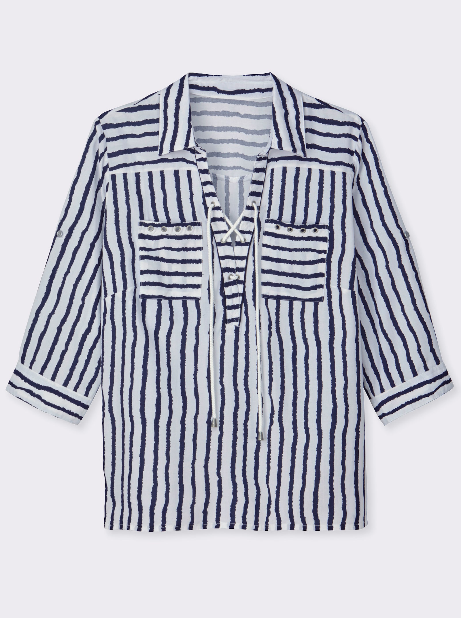 Gestreifte Bluse mit Schnürung am Ausschnitt - marine-weiß-gestreift