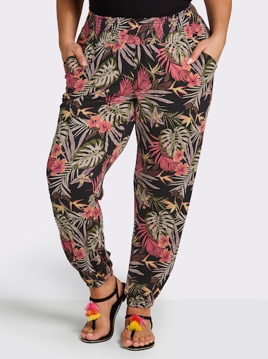 sheego Pantalon en jersey avec imprimé tropical - noir-bordeaux imprimé