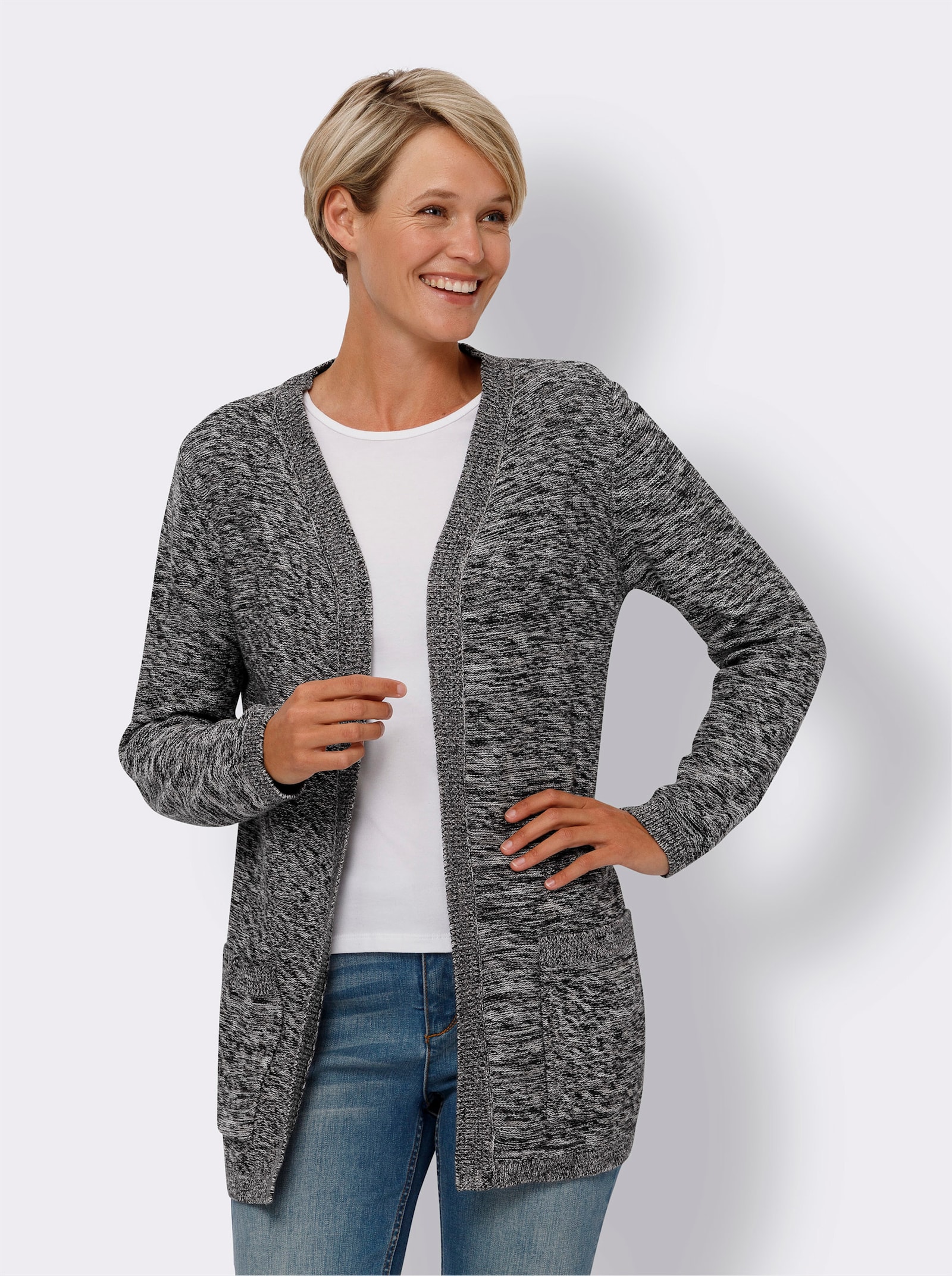 Longstrickjacke in offener Form - schwarz-ecru-meliert