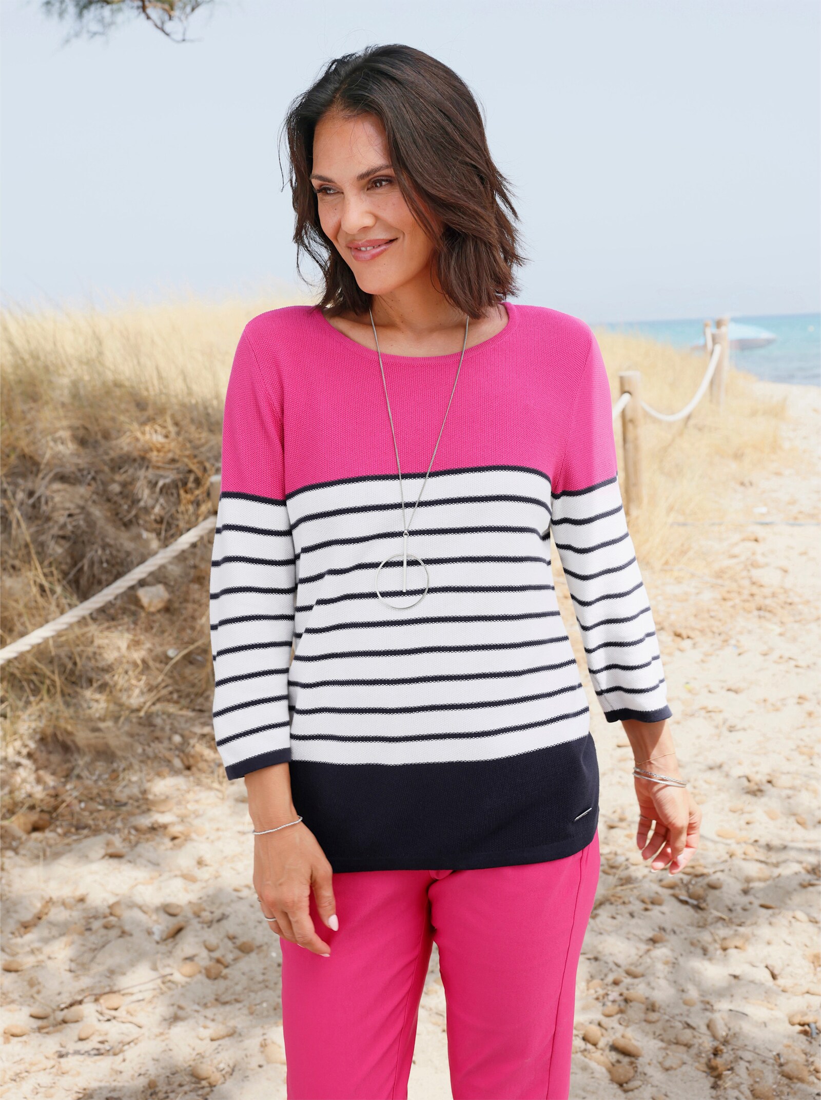 Rundhalspullover mit 3/4-Ärmeln - fuchsia-marine-geringelt