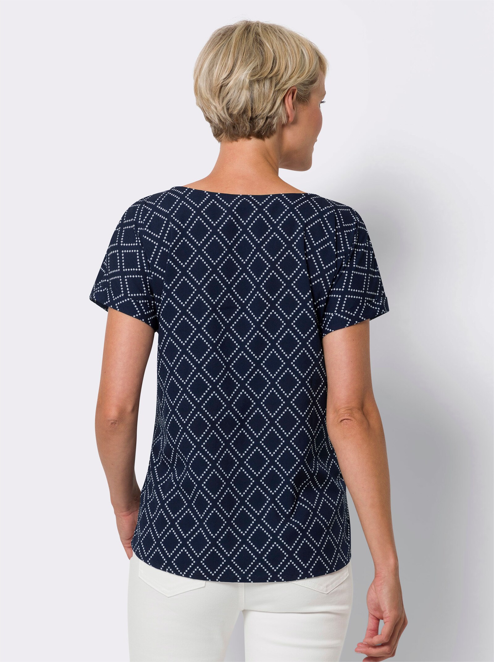 Comfortblouse van crêpe, onderhoudsarm - marine/wit geprint