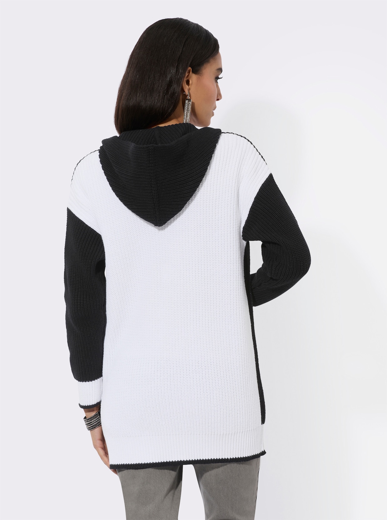 Gebreid vest met capuchon - zwart/wit