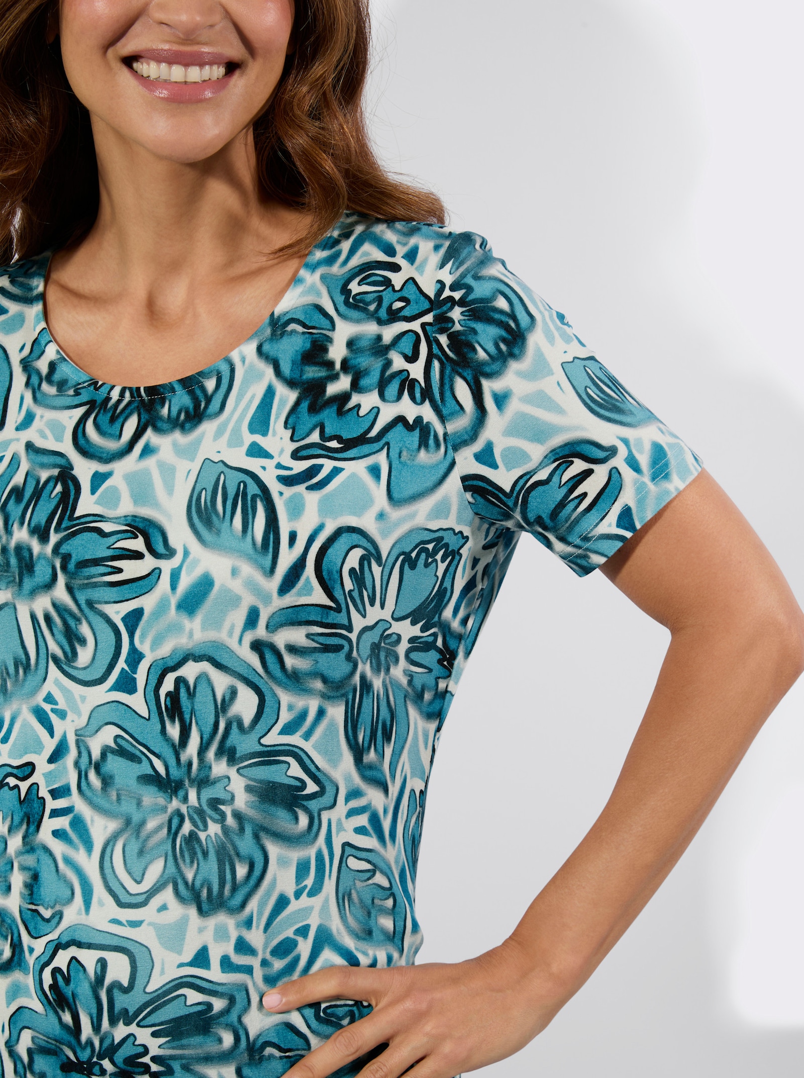 Kortärmad topp med blomtryck - ocean-petrol-med tryck
