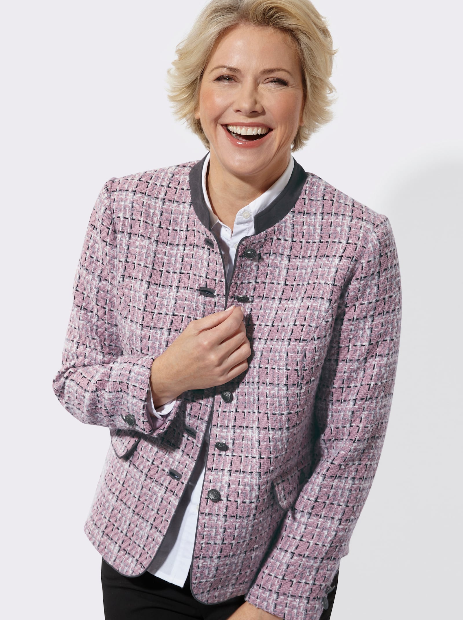 Bouclé-Blazer Stehkragen aus Veloursleder-Imitat - mauve-schwarz-gemustert
