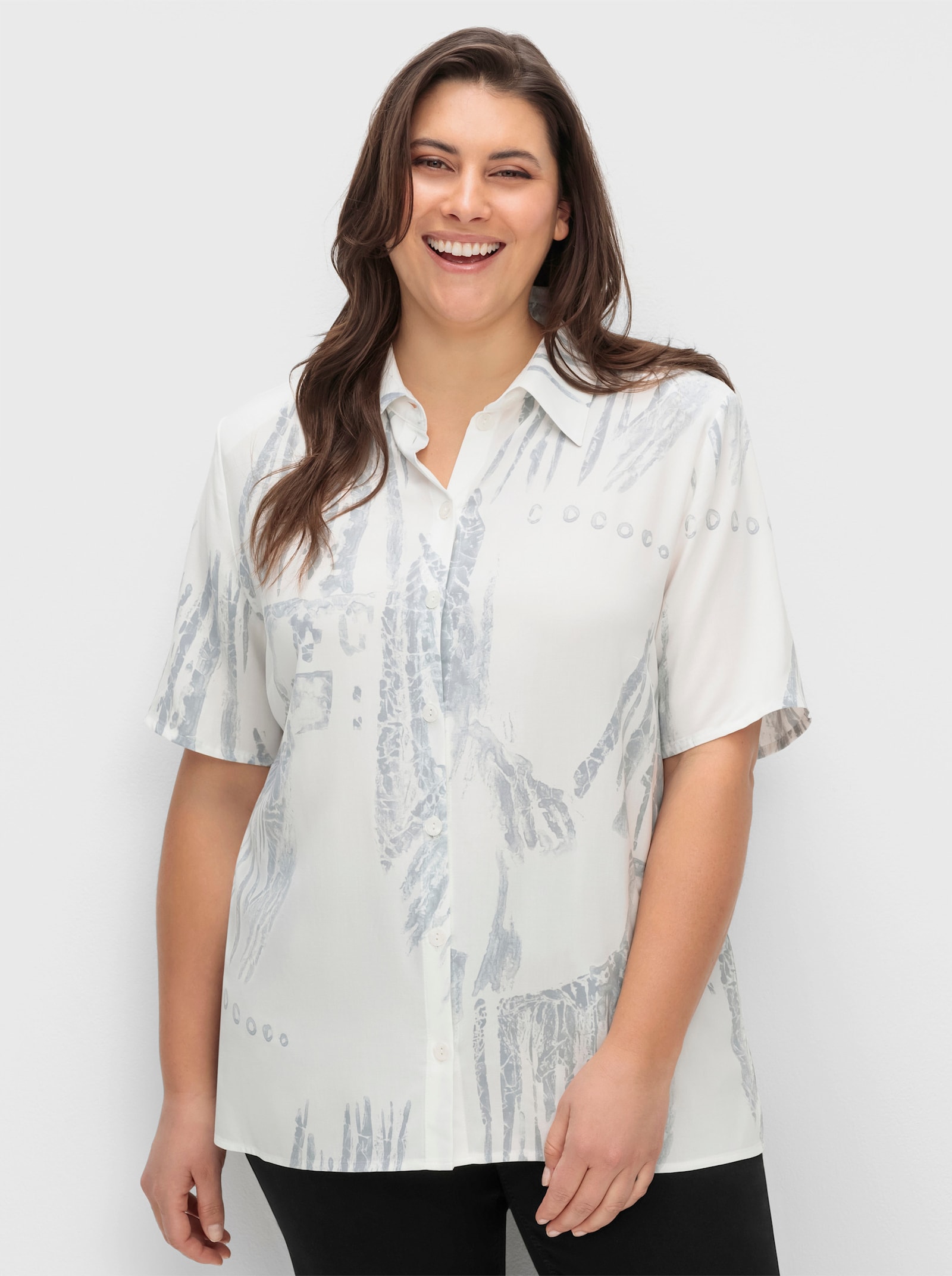 Hemdbluse mit Schulterpolstern - weiß-grau