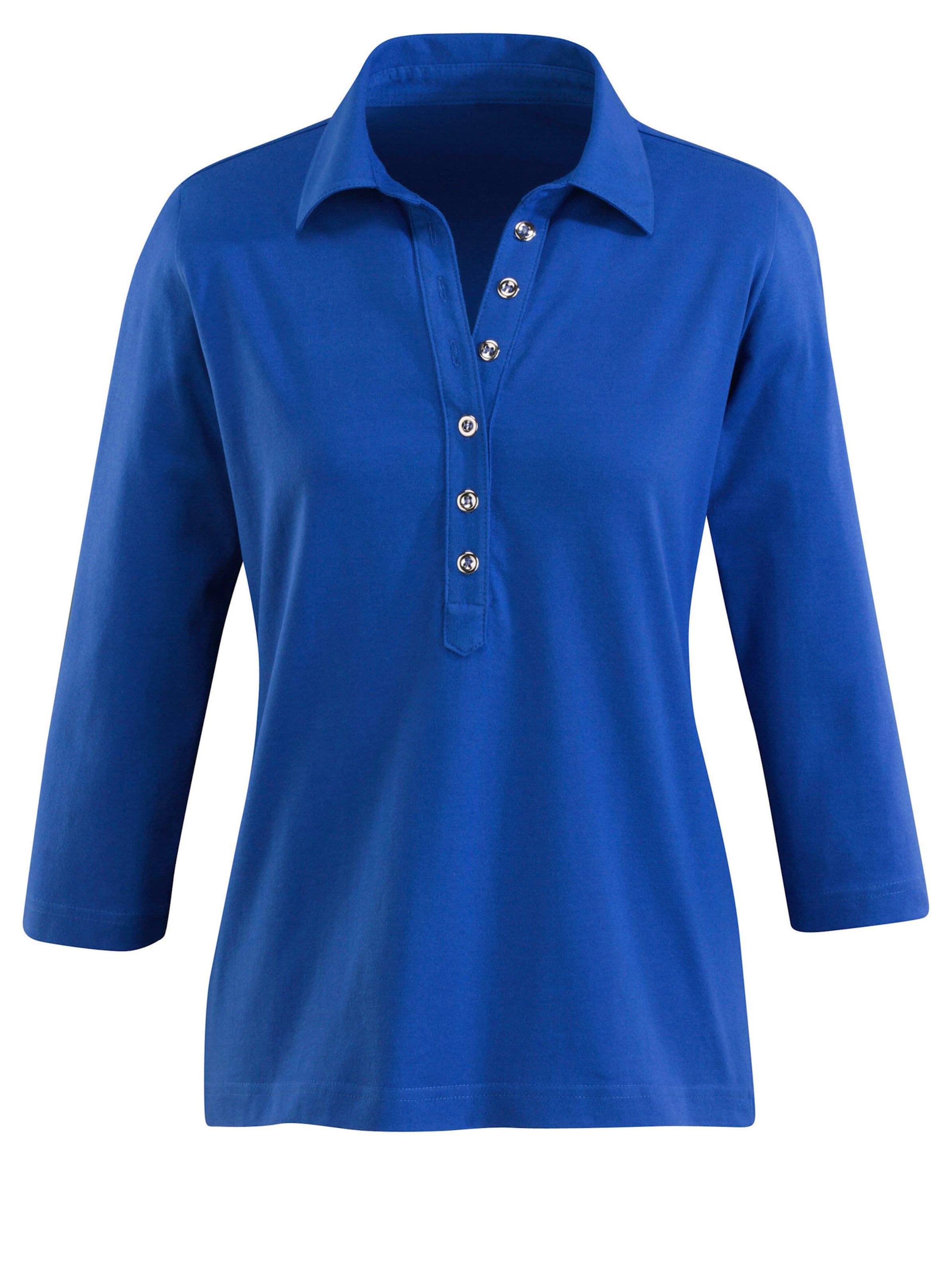 pfe in  günstig Kaufen-Poloshirt in royalblau von heine. Poloshirt in royalblau von heine <![CDATA[Poloshirt in weicher Qualität. Modisch lange Knopfleiste mit silberfarbenen Knöpfen. 3/4-­Ärmel. OCS-zertifiziertes Produkt.]]>. 
