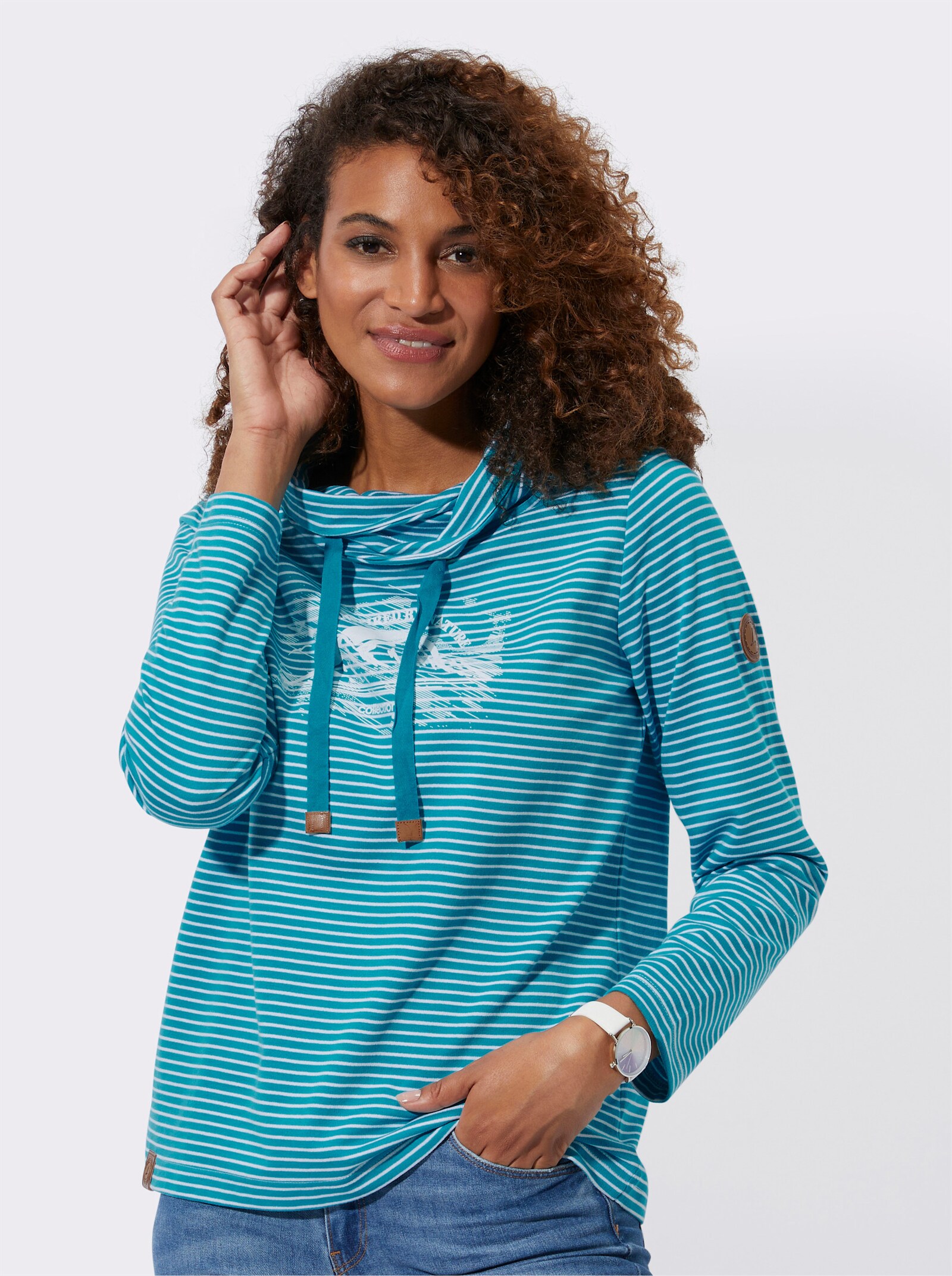 Sweatshirt in French Terry-Qualität - türkis-weiss-geringelt