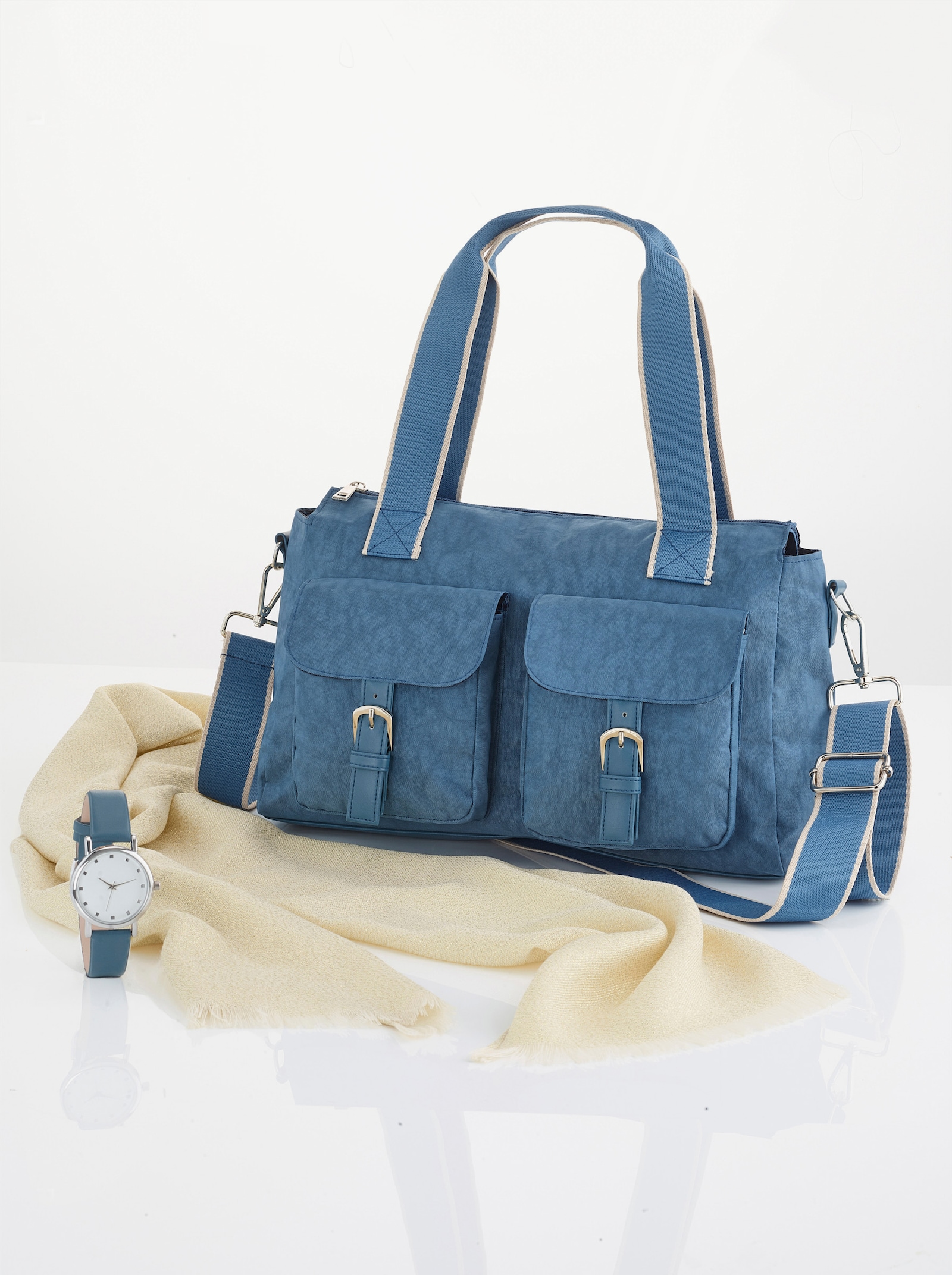 3tlg. Set: Handtasche, Uhr und Schal - bleu