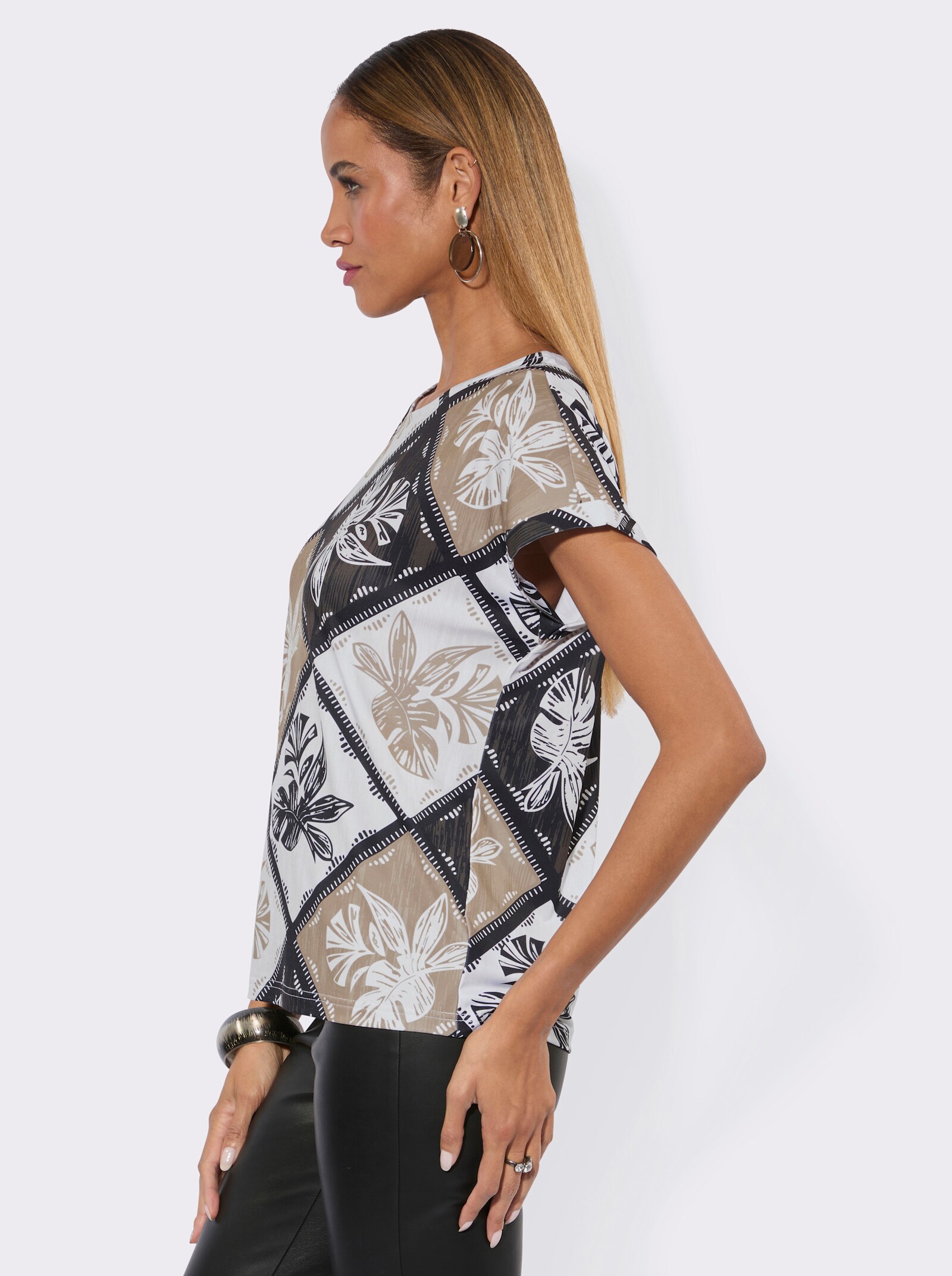 Rundhalsshirt aus glänzendem Jersey - ecru-sesam-bedruckt