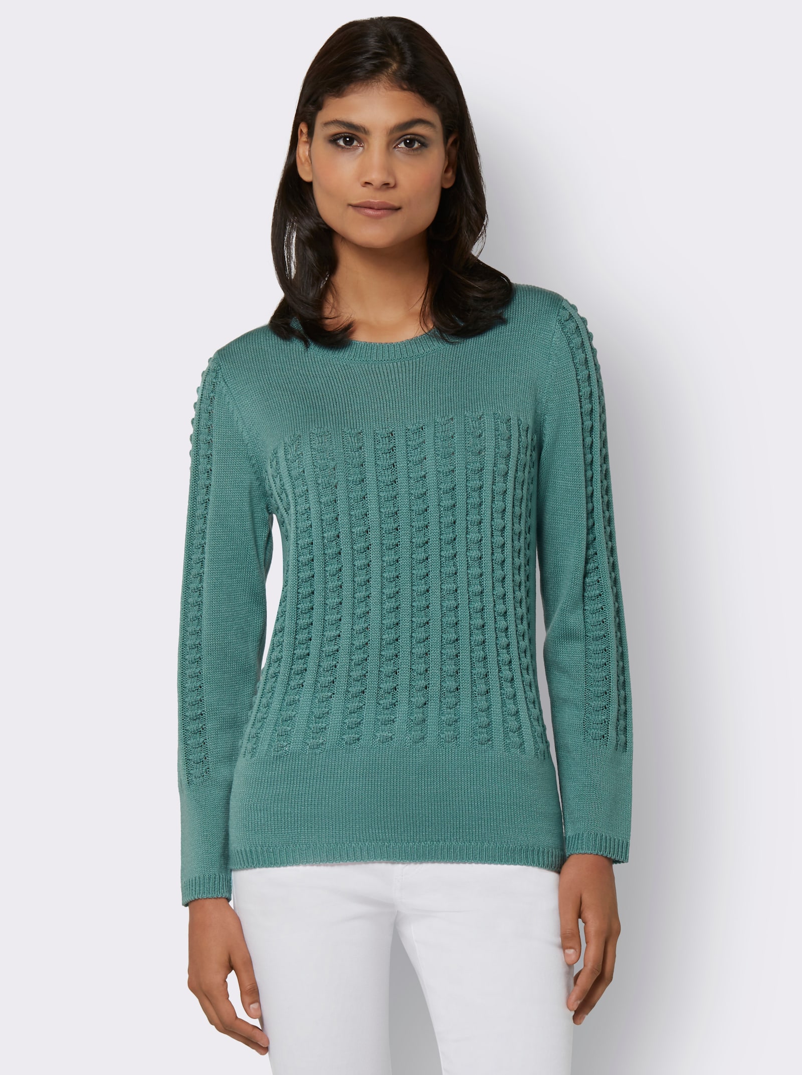 Langarm-Pullover mit 3D-Strickmuster - salbei