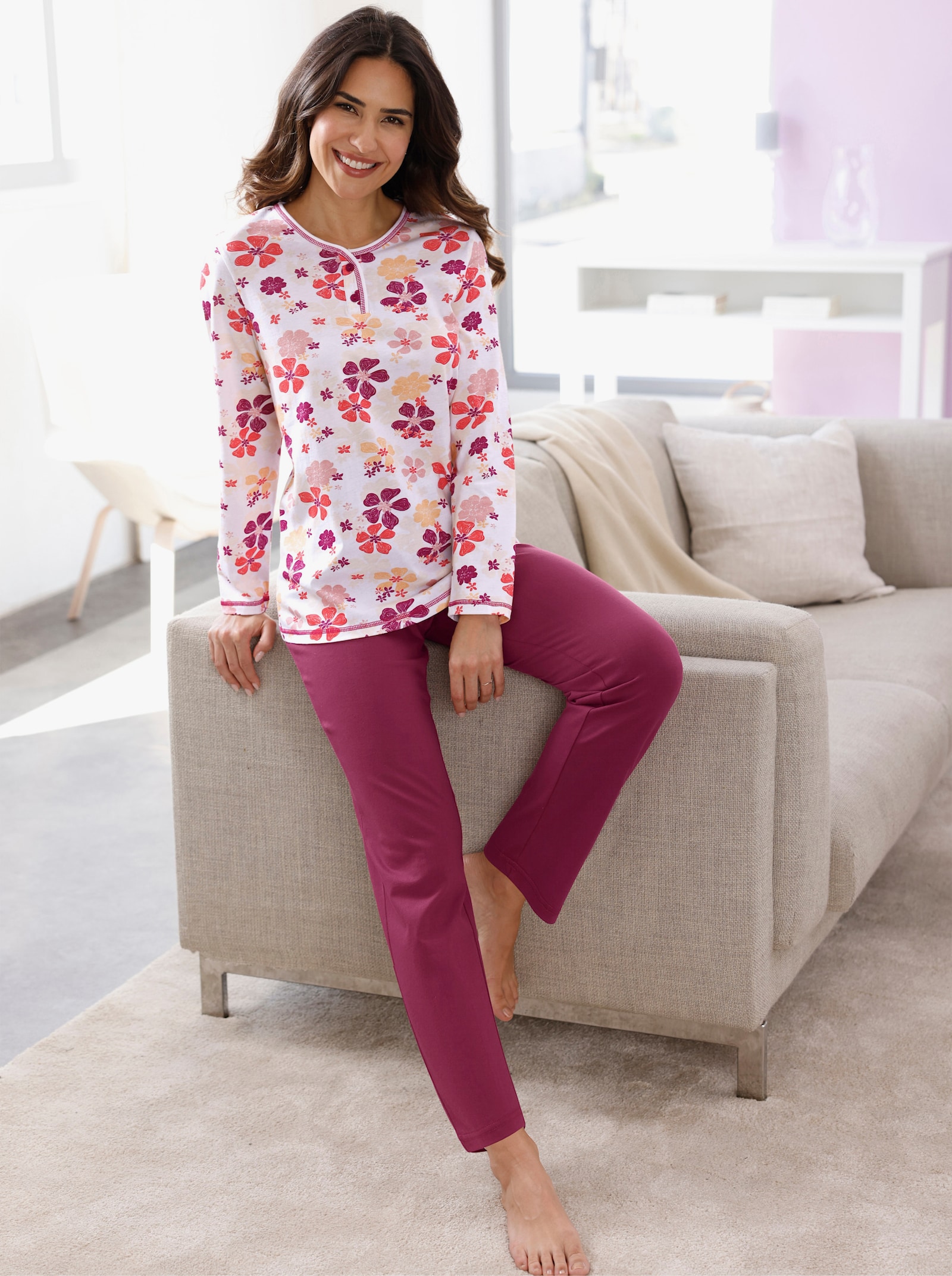 Pyžamo s krátkou knoflíkovou lištou, čistá bavlna - bílá-slézová-potisk