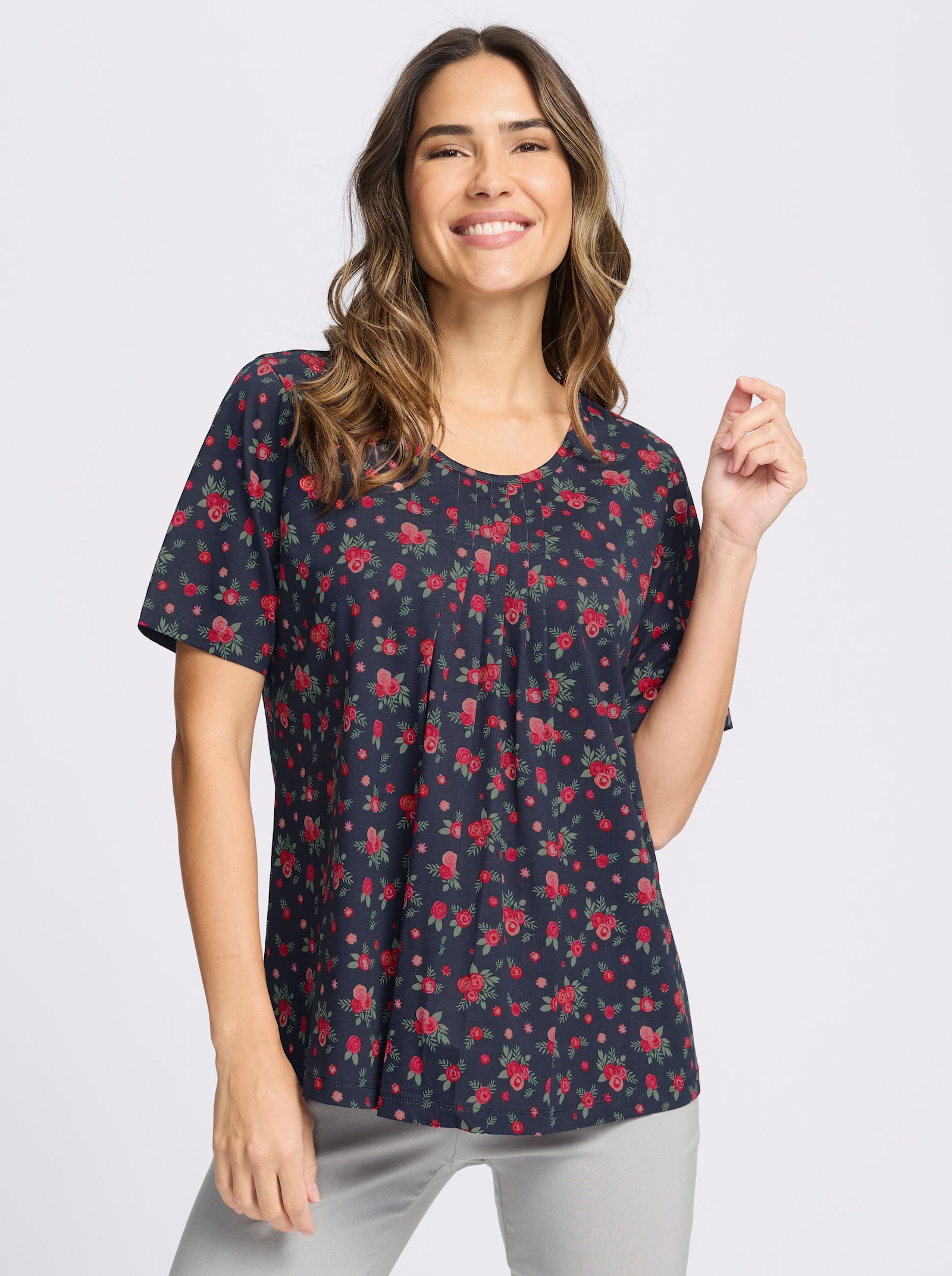 Kurzarmshirt mit Falten am Ausschnitt - marine-rot-bedruckt