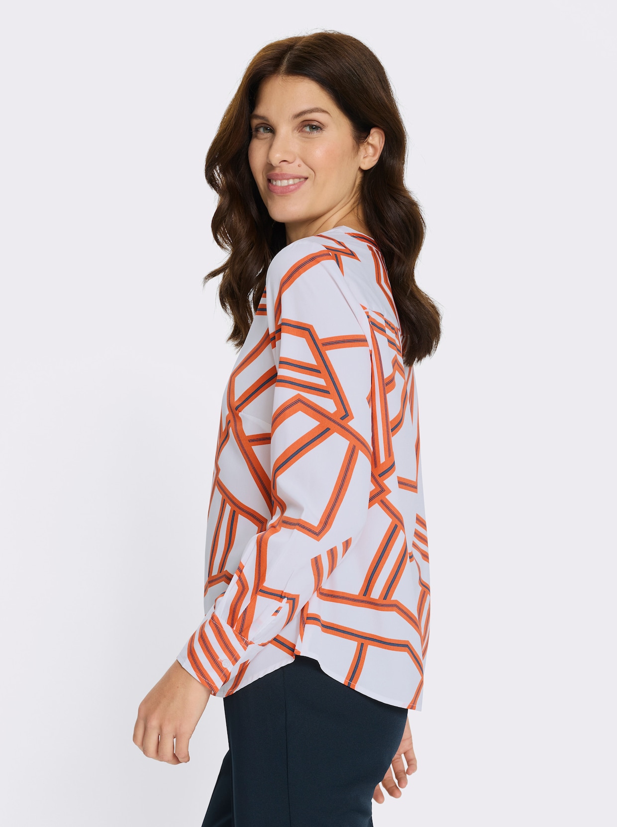 Schlupf-Bluse mit grafischem Druck - weiß-orange-bedruckt