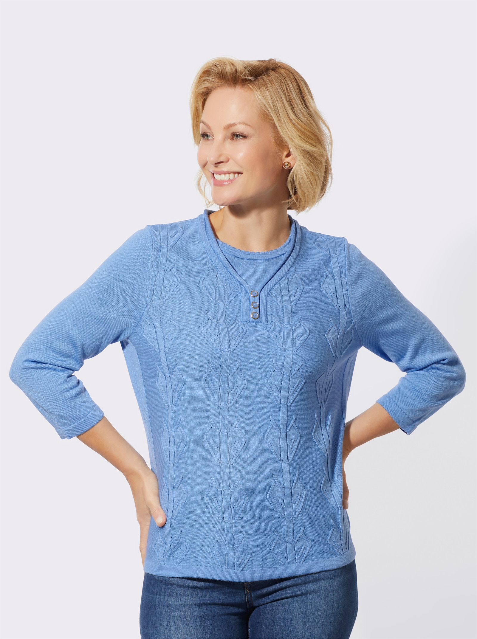 Pullover met 3/4-mouwen in 2-in-1-look - hemelsblauw