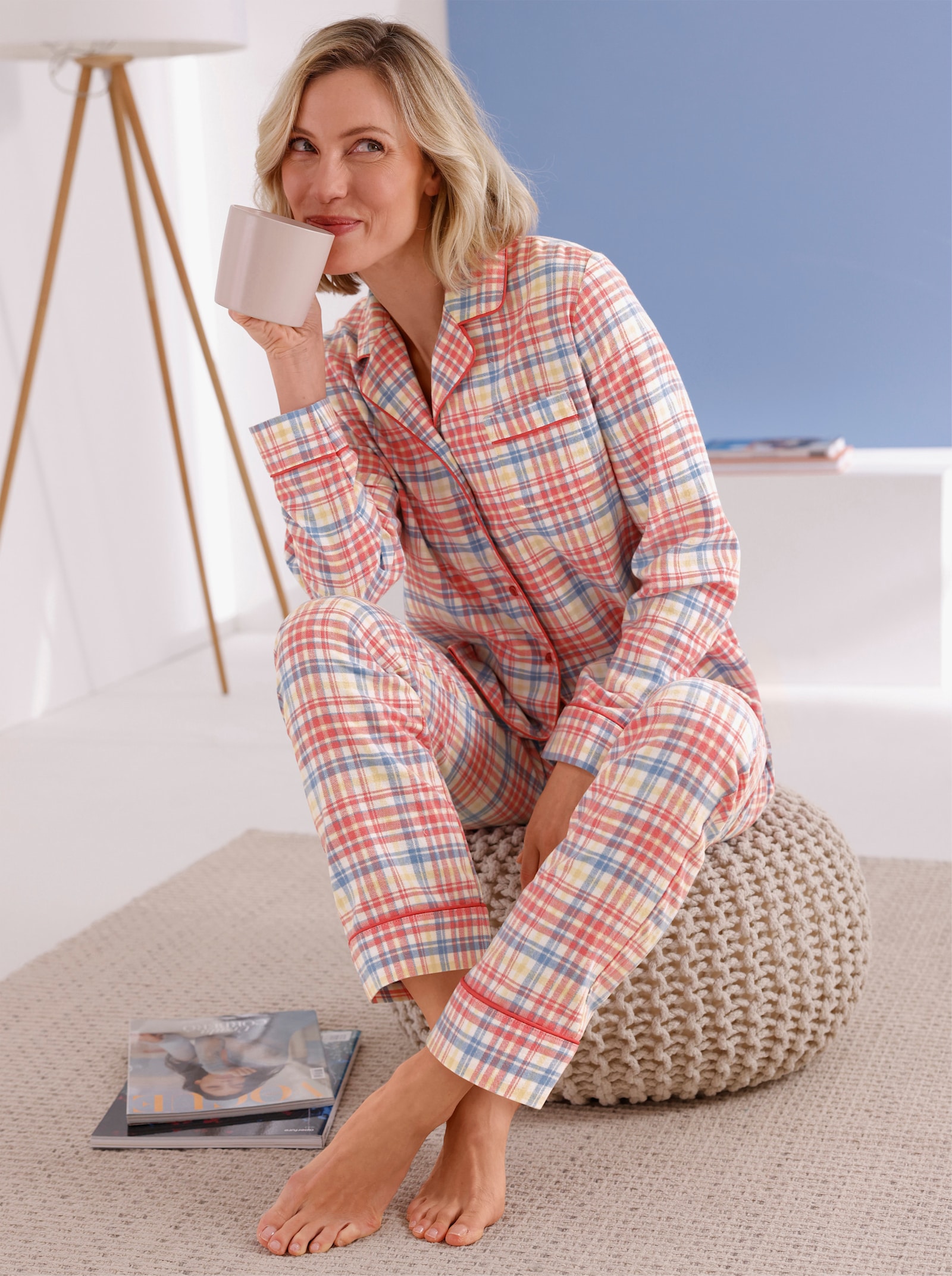 wäschepur Schlafanzug - elfenbein-flamingo-kariert