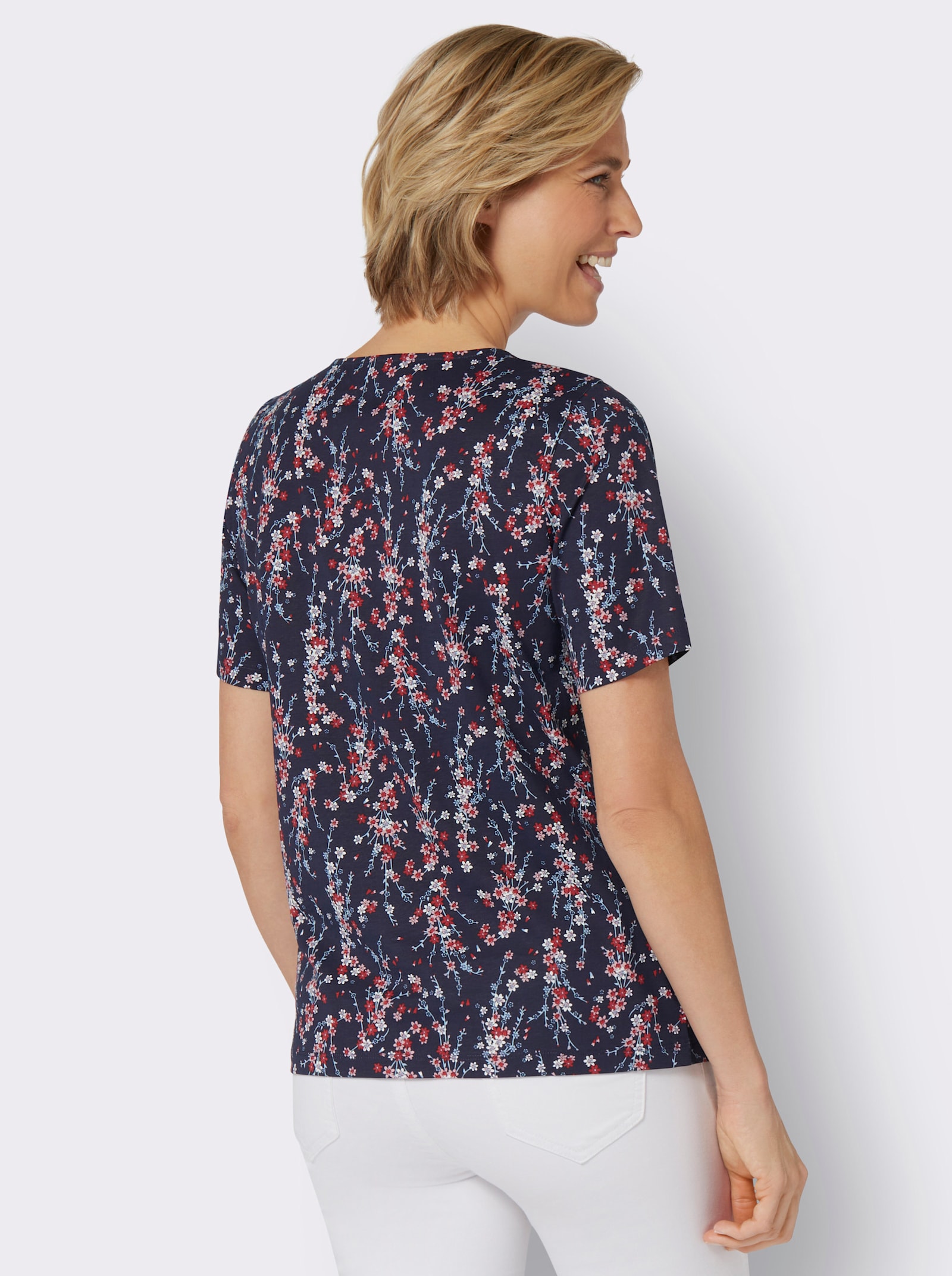 Tričko s krátkým rukávem a drobným květinovým vzorem - námořnická modrá-hortenziová-potisk