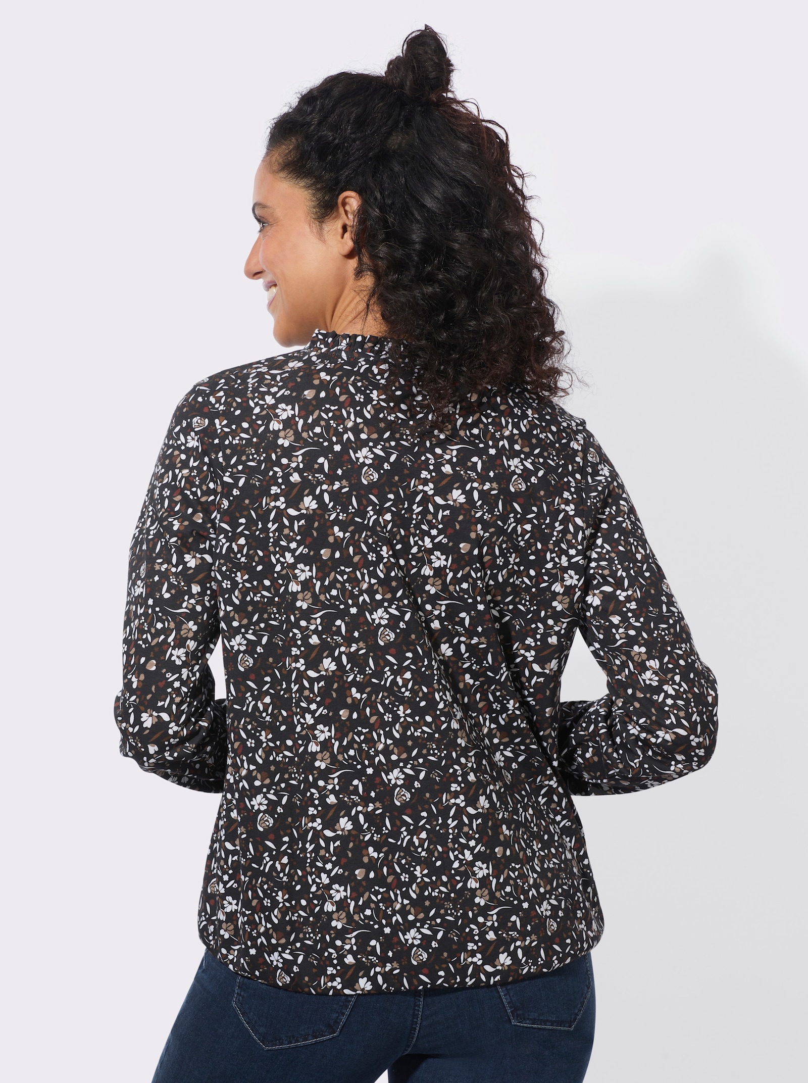 Langarmshirt mit Gummibündchen - schwarz-rotbraun-bedruckt