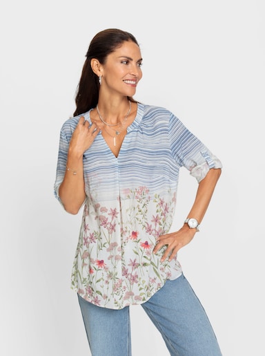 Druckbluse in Crash-Qualität - hortensie-bleu-bedruckt