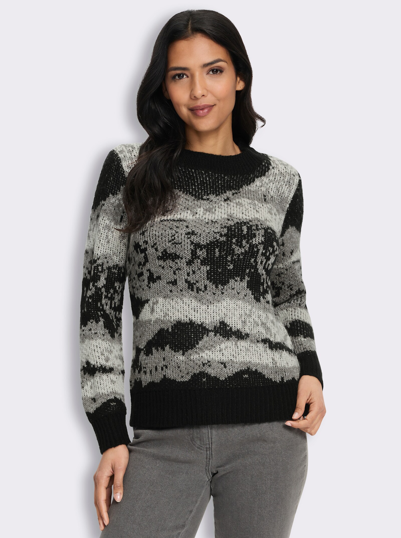 Jacquardpullover in flauschiger Qualität - schwarz-ecru-gemustert