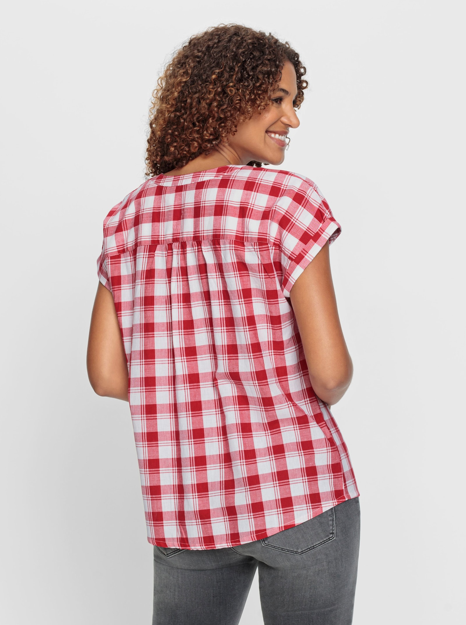 Geruite blouse met afgeronde zoom - rood/wit geruit