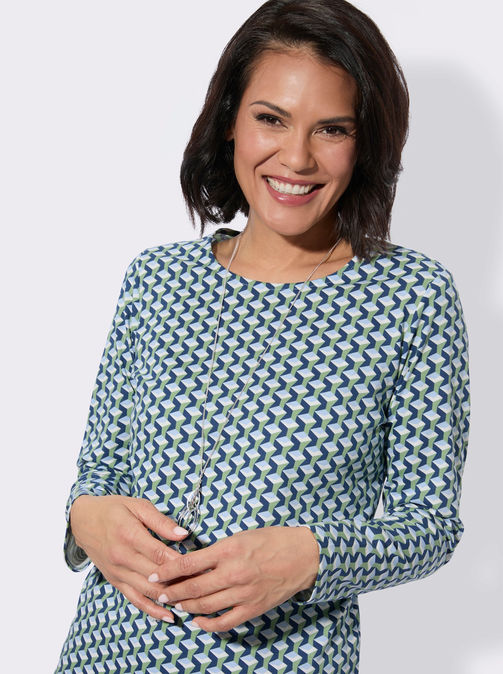 Rundhalsshirt im Minimal-Dessin - dunkelblau-eucalyptus-bedruckt