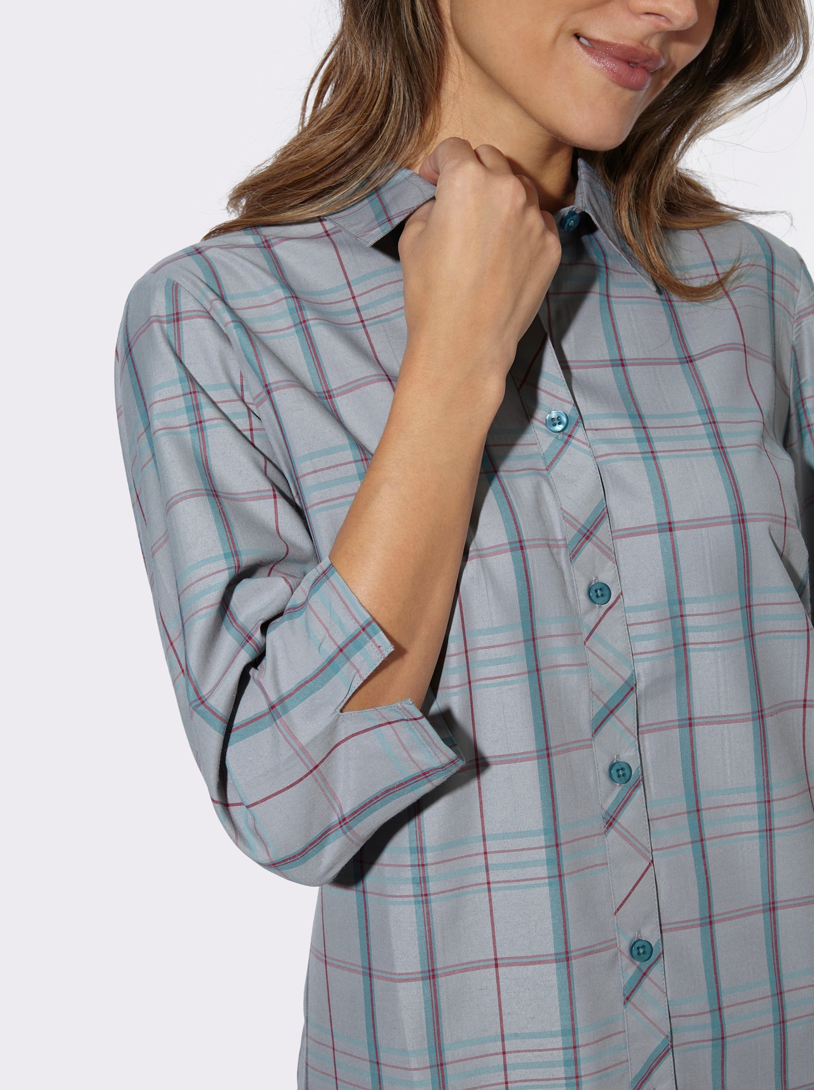 Funktionsbluse atmungsaktiv und pflegeleicht - steingrau-jade-kariert