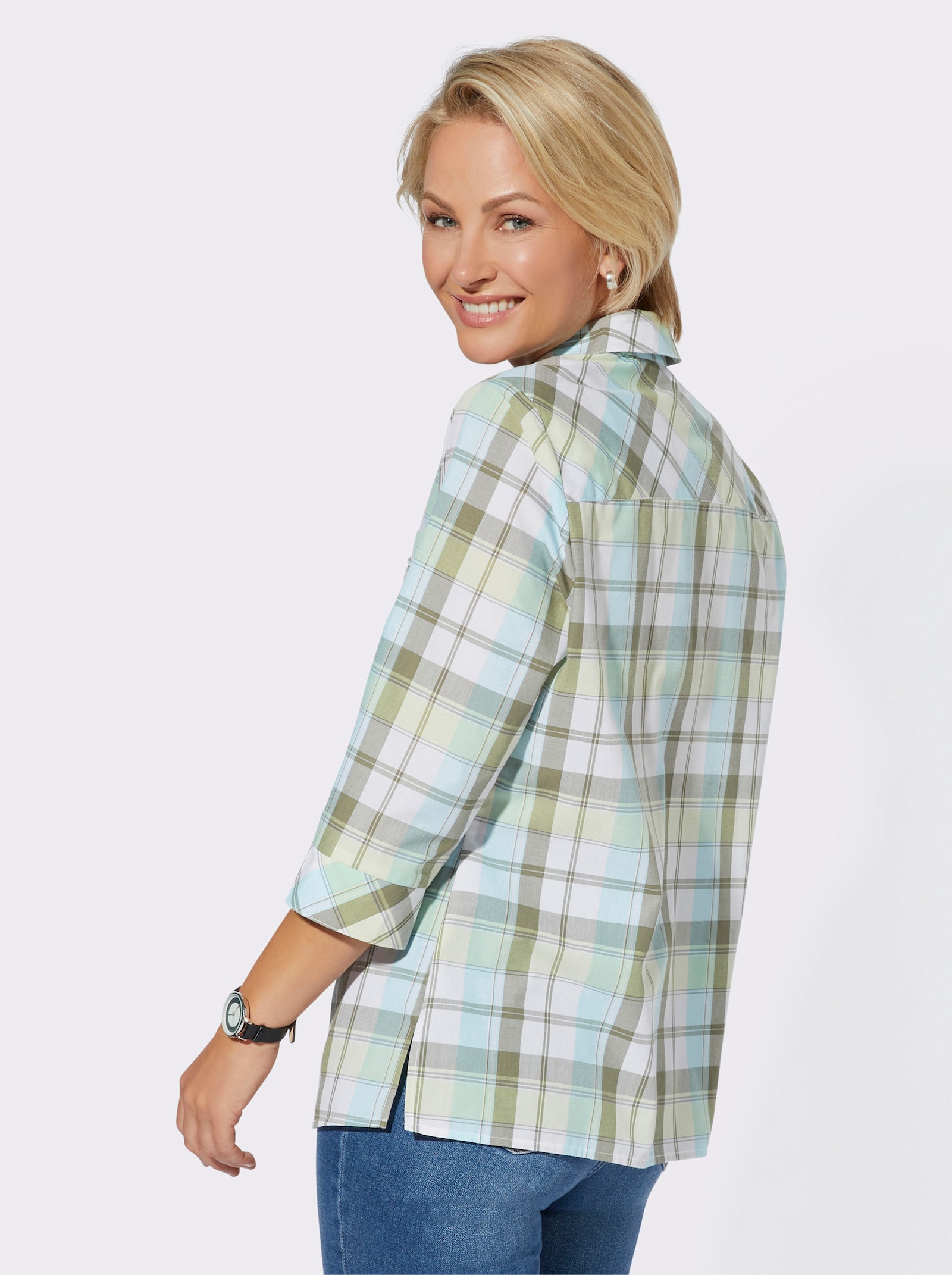 Overhemdblouse met ritssluiting - aquamarine/kaki geruit