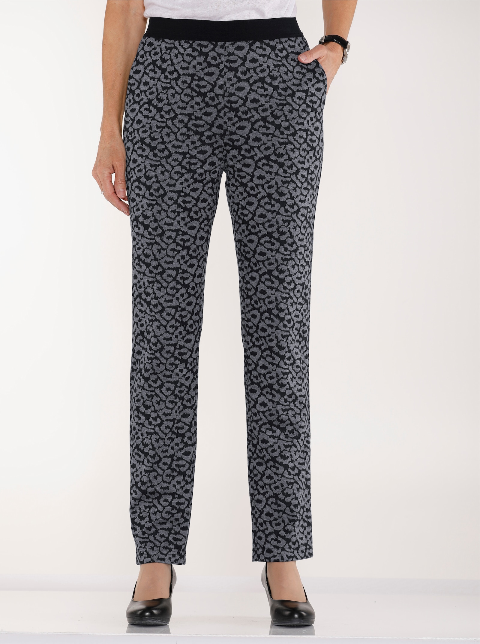 Comfortbroek met brede comfortband rondom - zwart/grijs luipaard