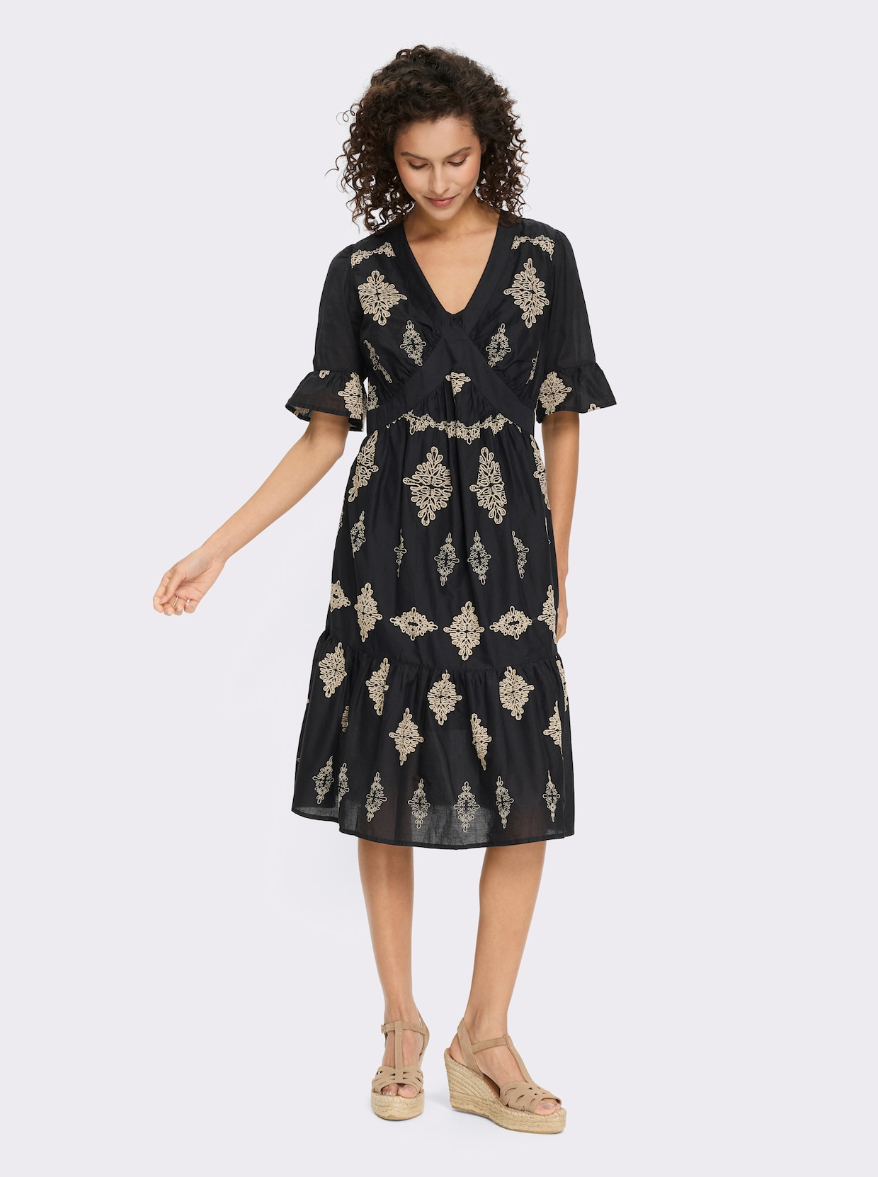 heine Baumwollkleid - schwarz-beige-bedruckt