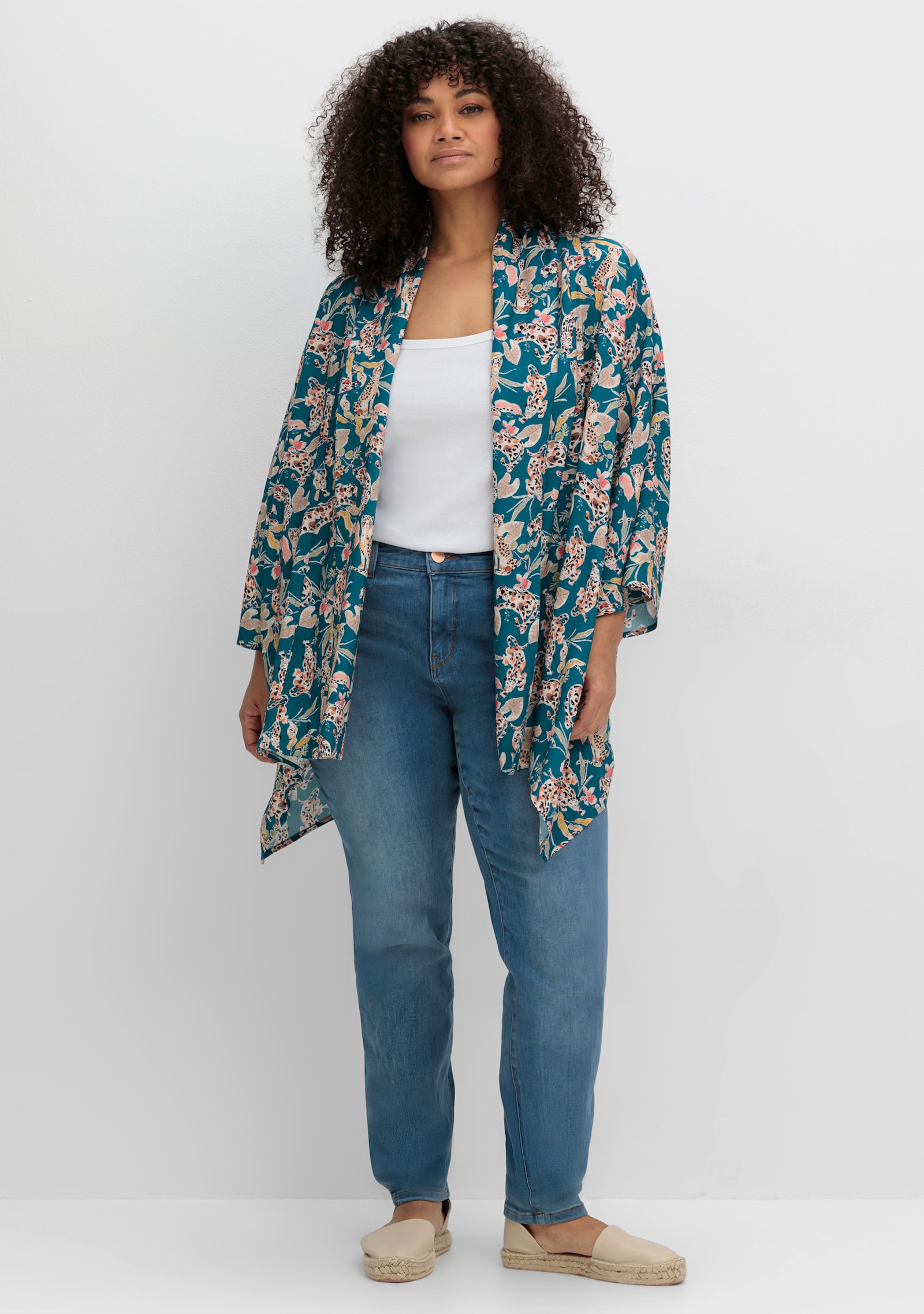 sheego by Joe Browns Longbluse im Kimono-Stil, mit Blumendruck - aqua-gemustert