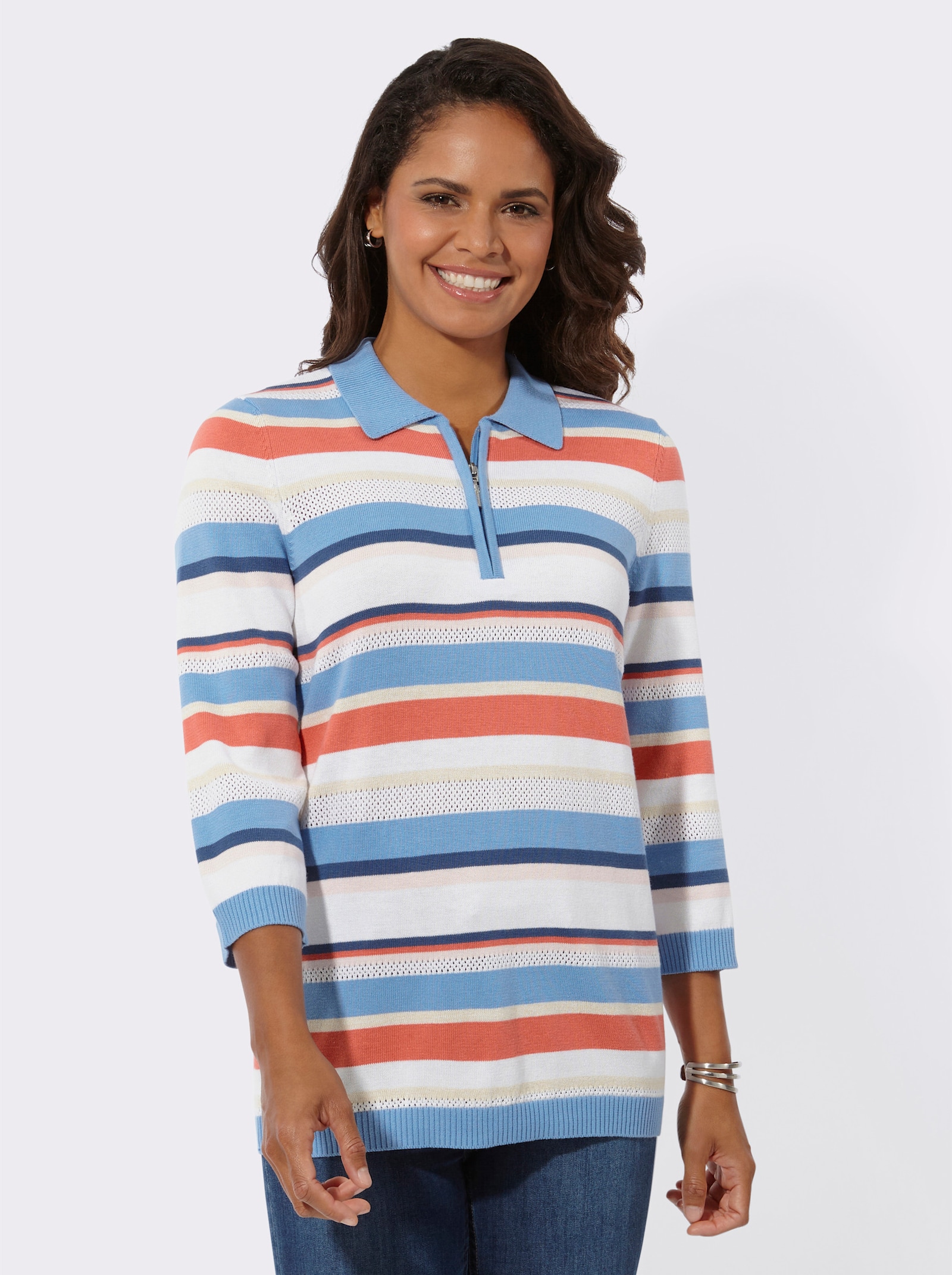 Polopullover mit Polokragen - jeansblau-koralle-geringelt
