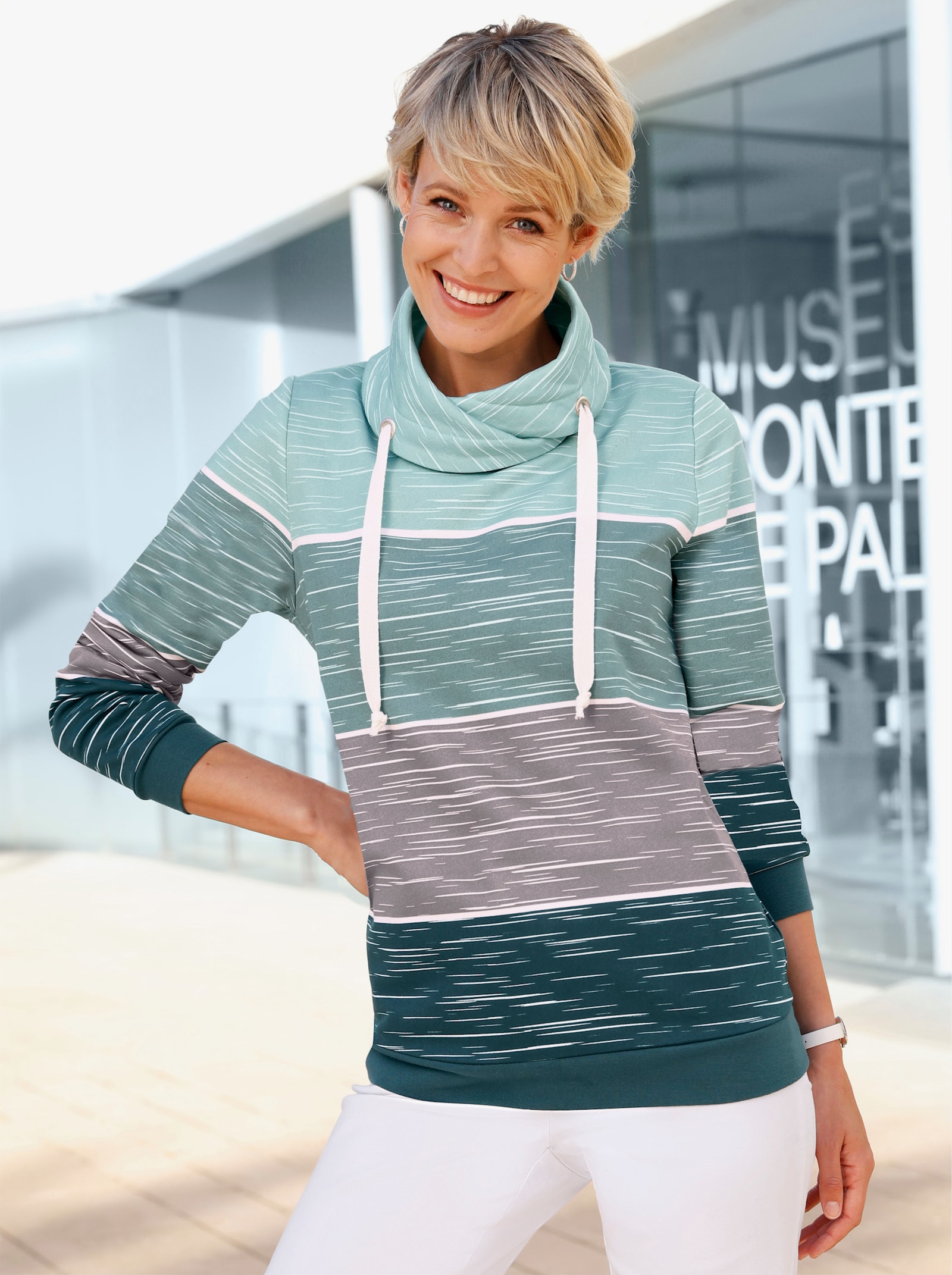 Sweatshirt met overlappende rolkraag - petrol/kalkmint bedrukt