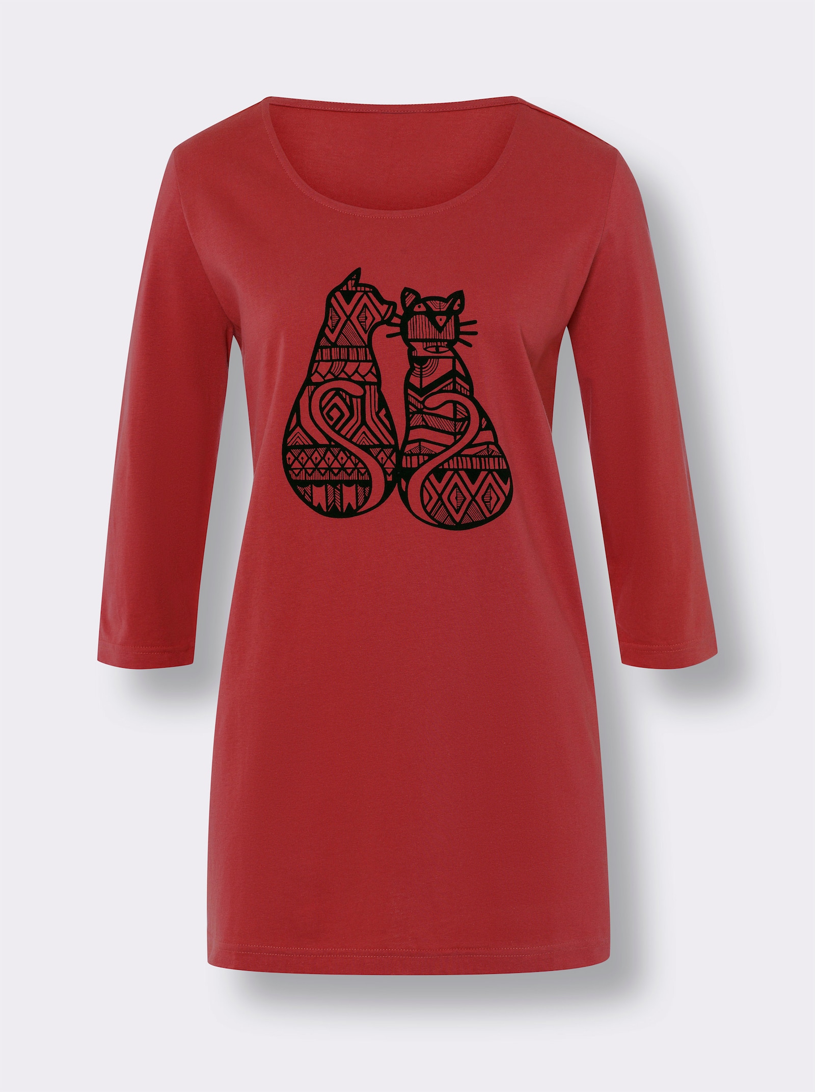 Longshirt mit Katzen-Print - kirsche-schwarz