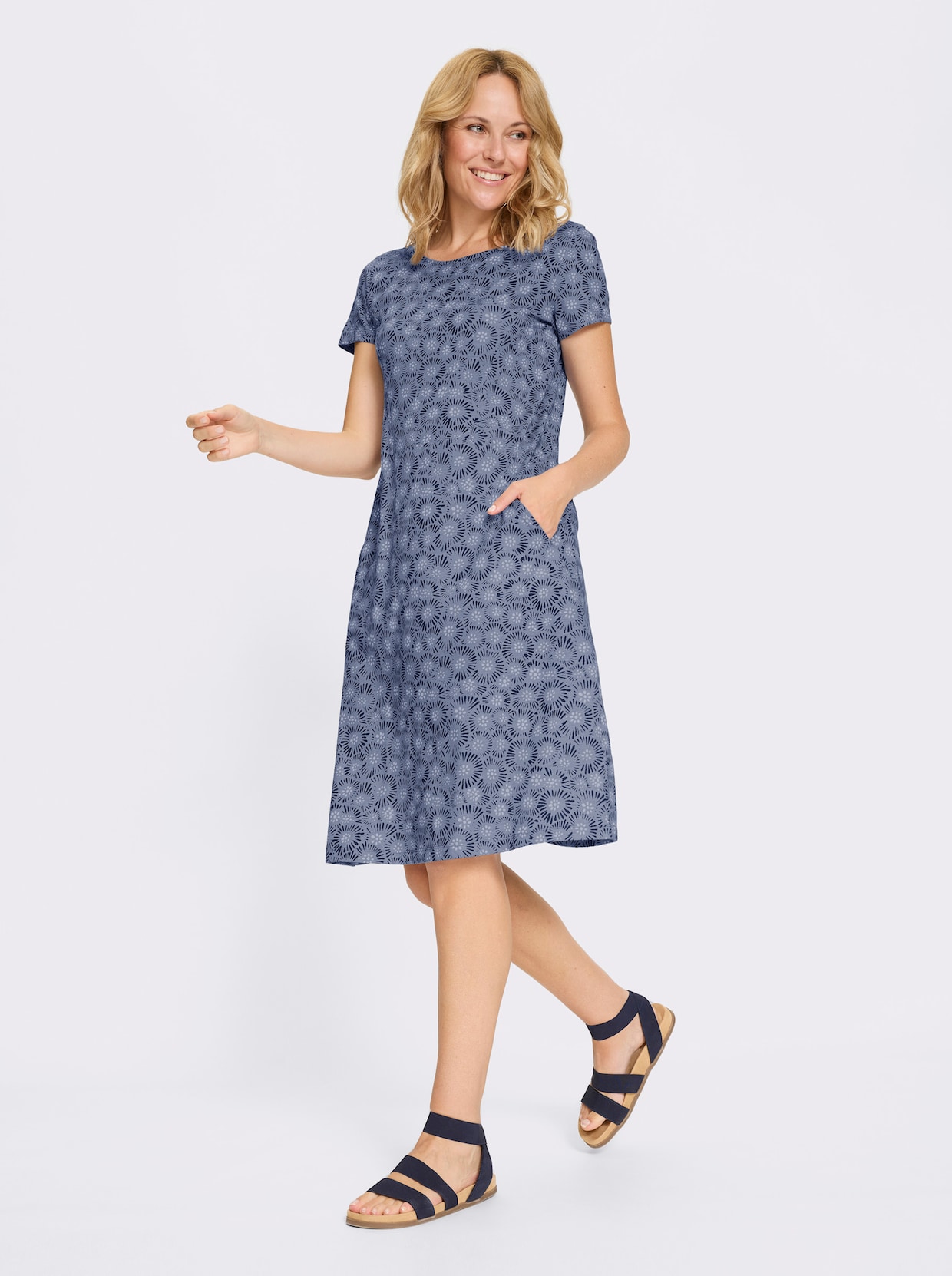 Jerseykleid - taubenblau-marine-bedruckt
