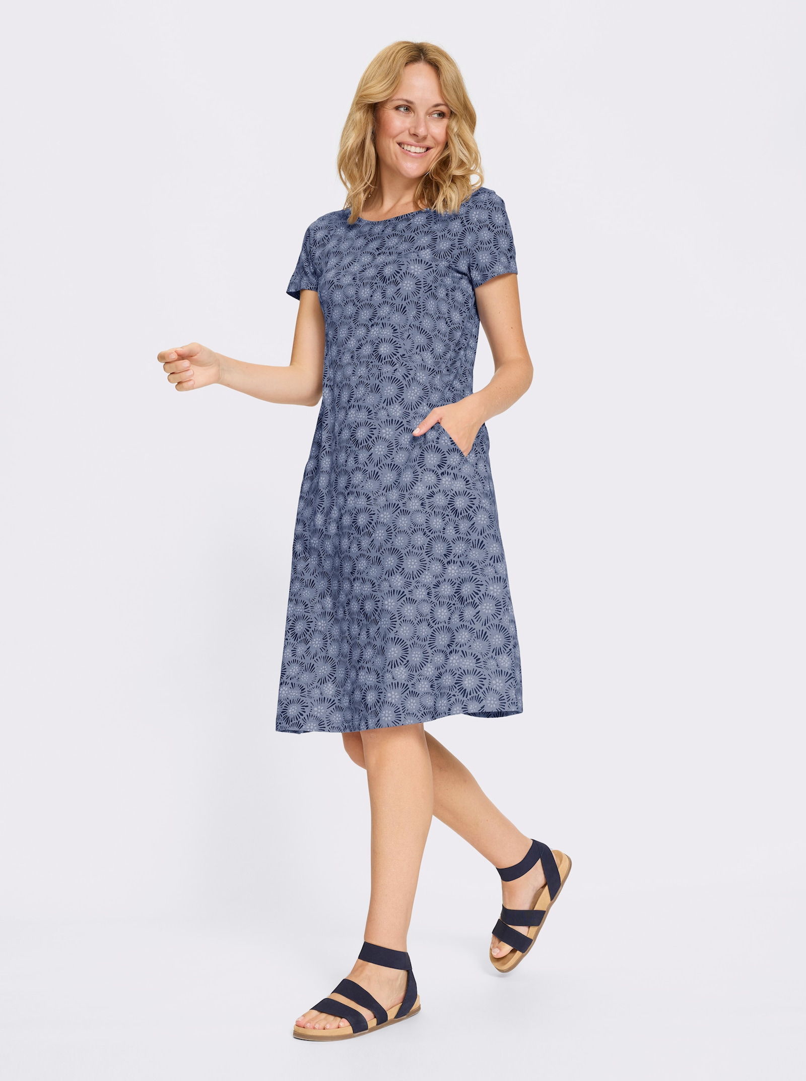 Jerseykleid aus reiner Baumwolle - taubenblau-marine-bedruckt