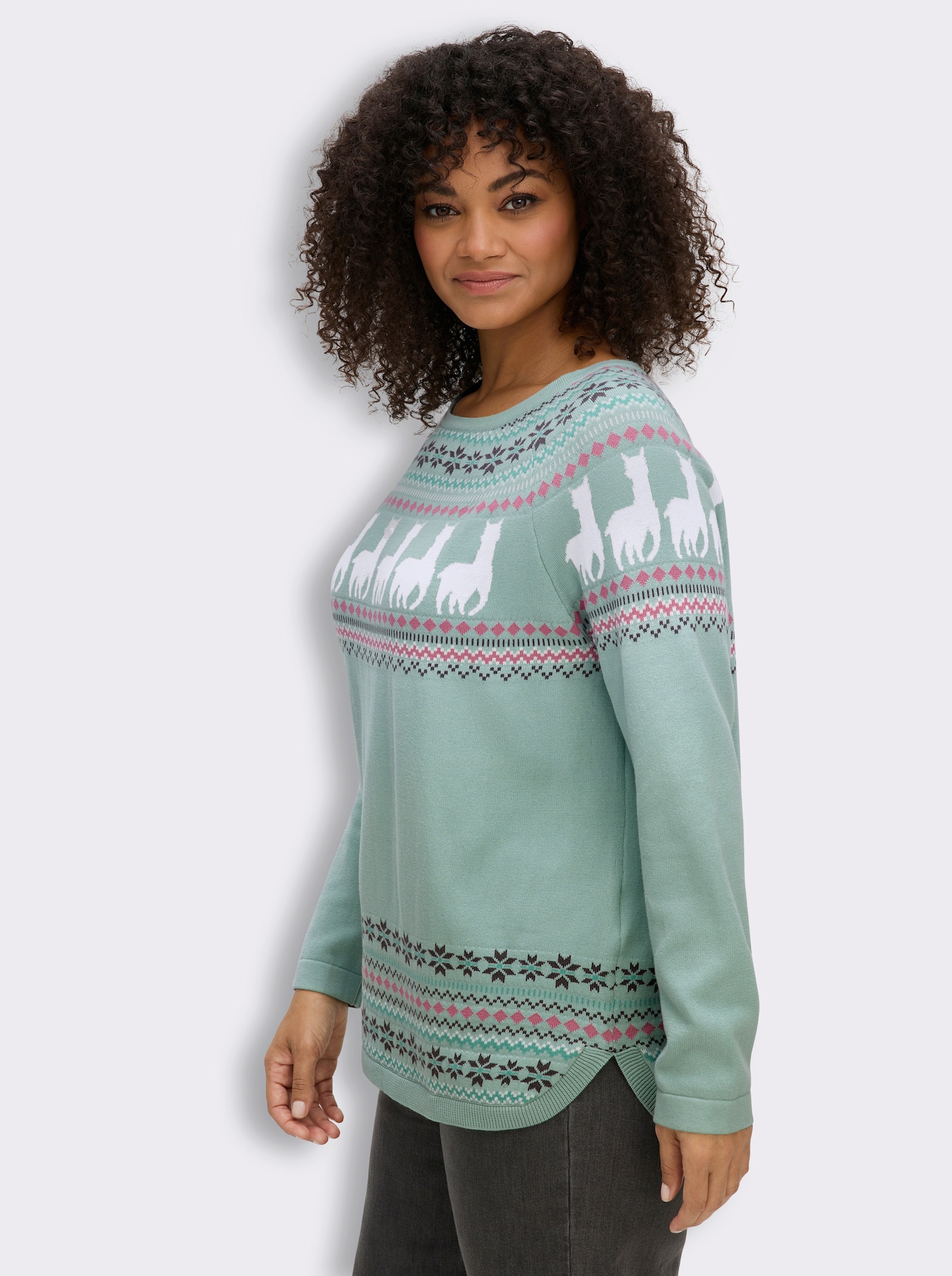 Langarm-Pullover mit Alpaka-Muster - kalkmint-ecru-gemustert