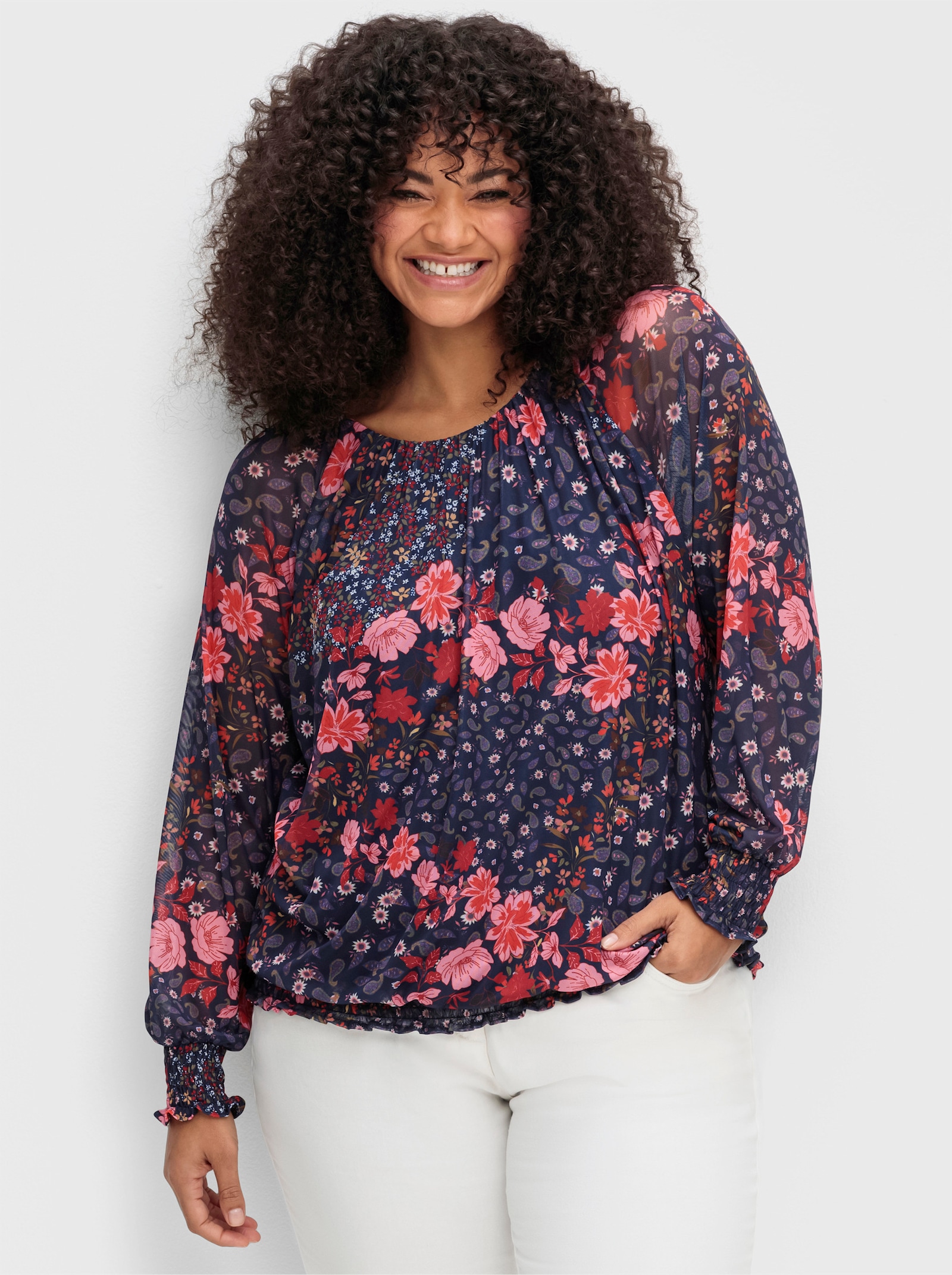 sheego by Joe Browns Langarmshirt aus Mesh, mit Blumendruck - blau gemustert